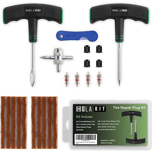 HolaKit Tire Plug Kit, 22PCS Compact Tire Repair Kit with Rubber Plugs, Upgrade T-Handle, 4-Way Valve Steam Tool, Flat Tire Puncture Repair Tools for Cars, Motorcycle, ATV, SUV