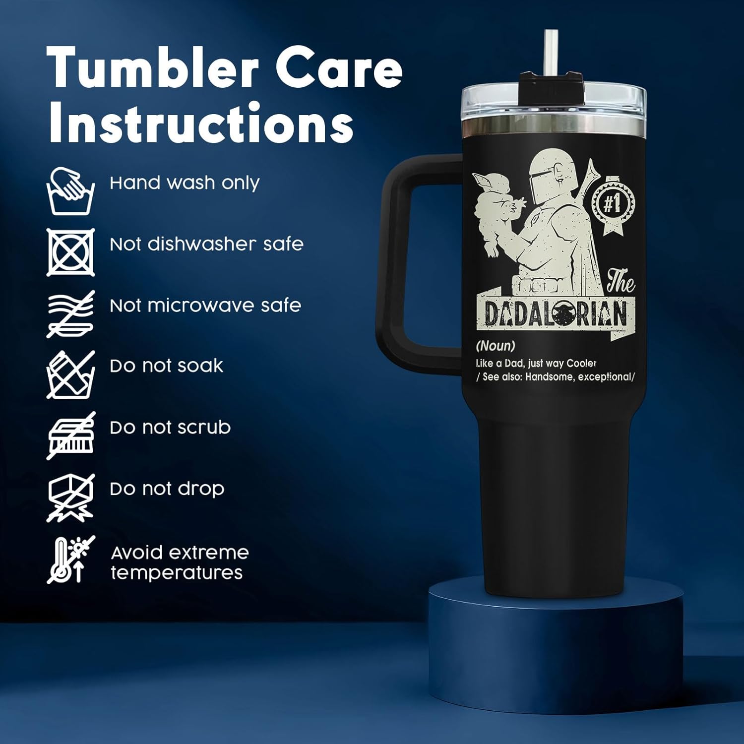 34HD Dadalorian Dad Tumbler 40oz with Handle Lid and Straw, Funny Daddy Galactic Nutrition Facts Gift, Black Stainless Steel Insulated Cup for Men, Space Theme Father’s Day Birthday Present