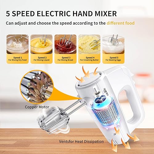 Miniatura 3 de JEWJIO Pro - Batidora de mano eléctrica de 250 W, 5 velocidades + mezclador de mano Turbo con 5 accesorios de acero inoxidable, estuche de