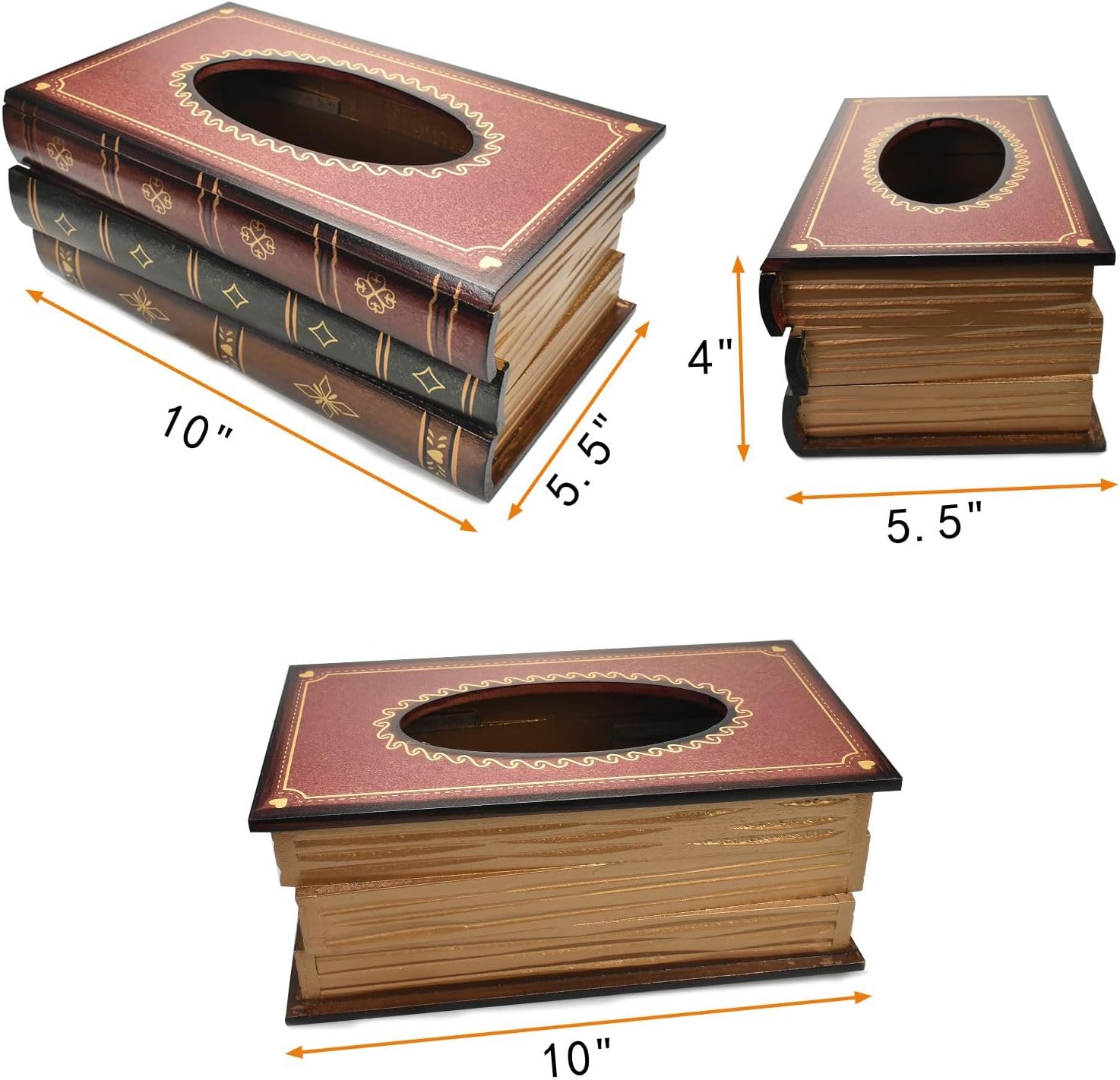 Antique Book Style Tissue Box Cover - Medieval Gothic Wooden Napkin Holder Dispenser, Vintage Home Decor for Living Room, Bathroom, Office (Red LX)