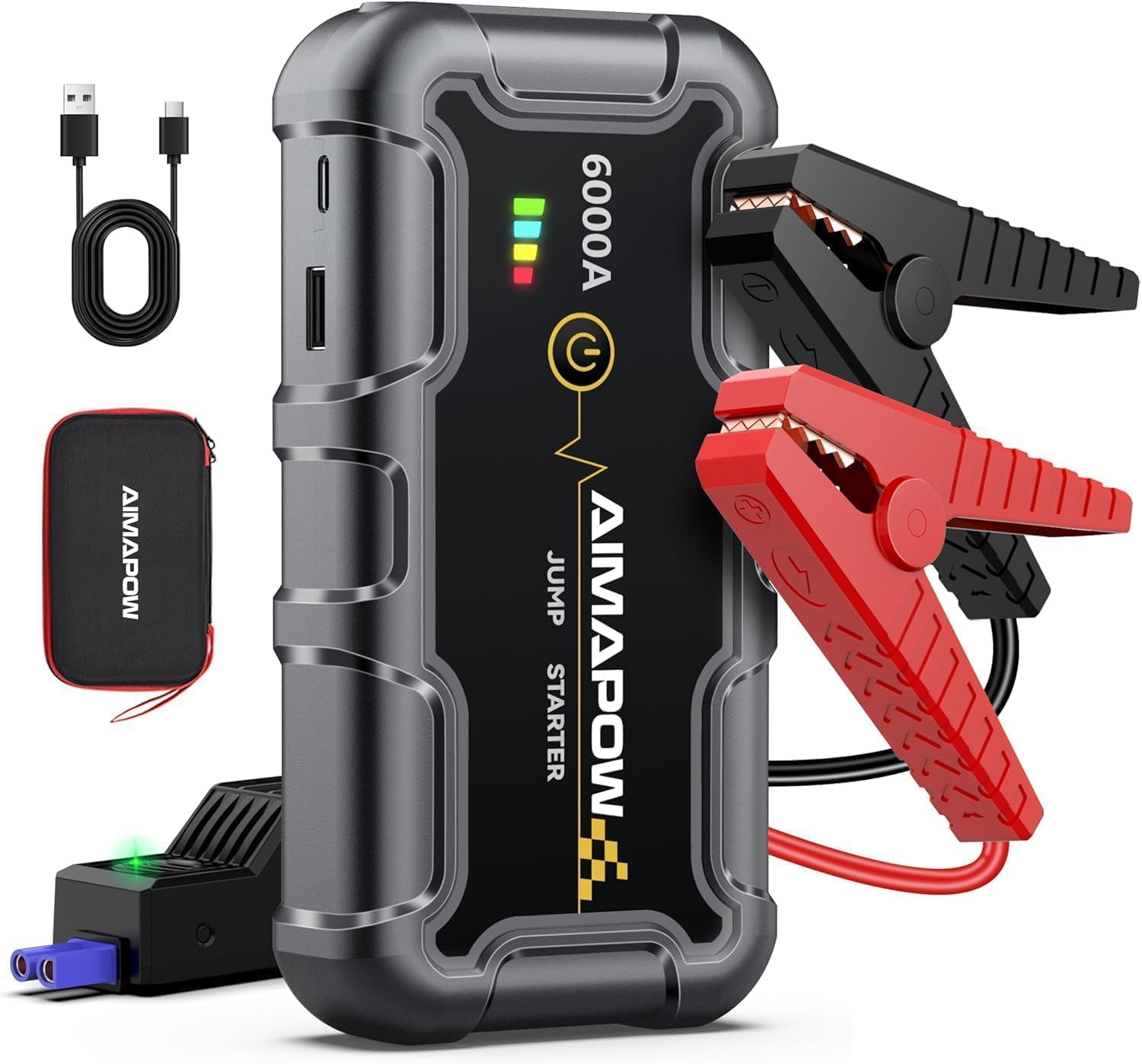 AIMAPOW Booster Batterie Voiture 6000A, Démarreur de Voiture 12V (Jusqu’à Tout Gas ou 10.0L Diesel), Booster de Batterie, Jump Starter Portable avec Pinces de Sûreté Intelligentes, Lampe LED (A20) - Amazon product rated Grade A