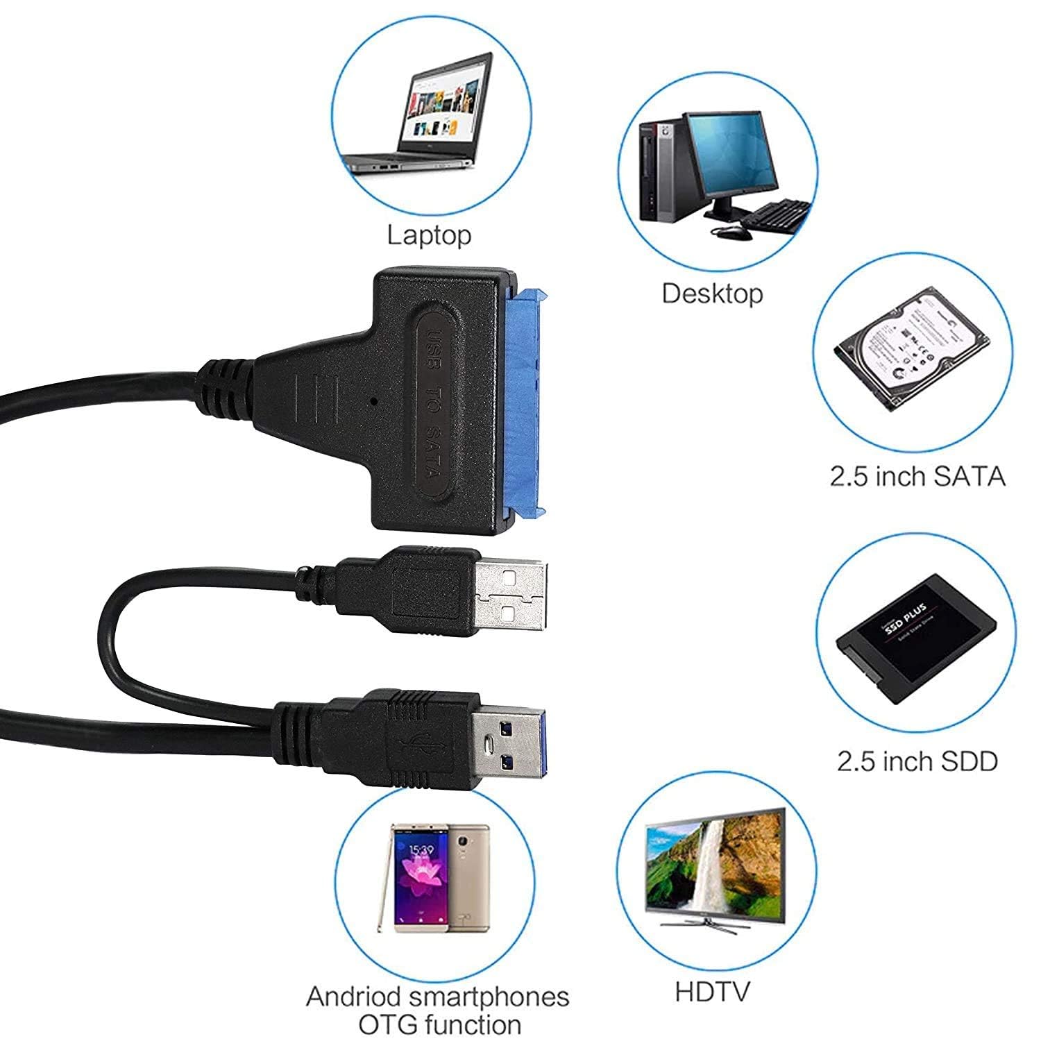 AlexVyan 3.0 to Adapter Converter Cable for 2.5 Inch Laptop HDD & SSD with USB Power Cable USB Adapter 0.5 m Micro USB Cable (Compatible with Laptop Hard disk, Black) 2