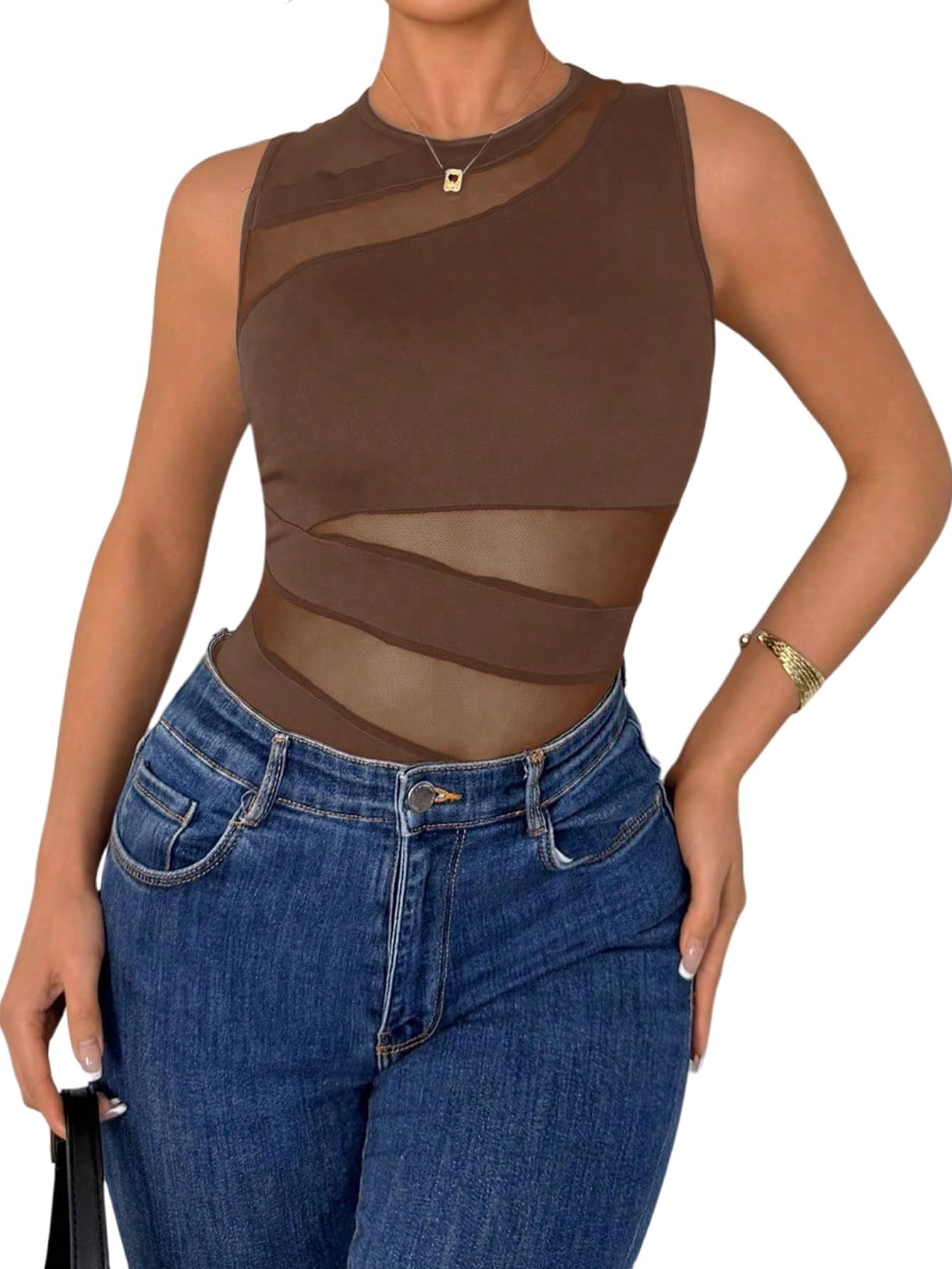 GORGLITTER Body sans manches pour femme - Transparent - Col rond - Body d'été en maille - Élégant débardeur