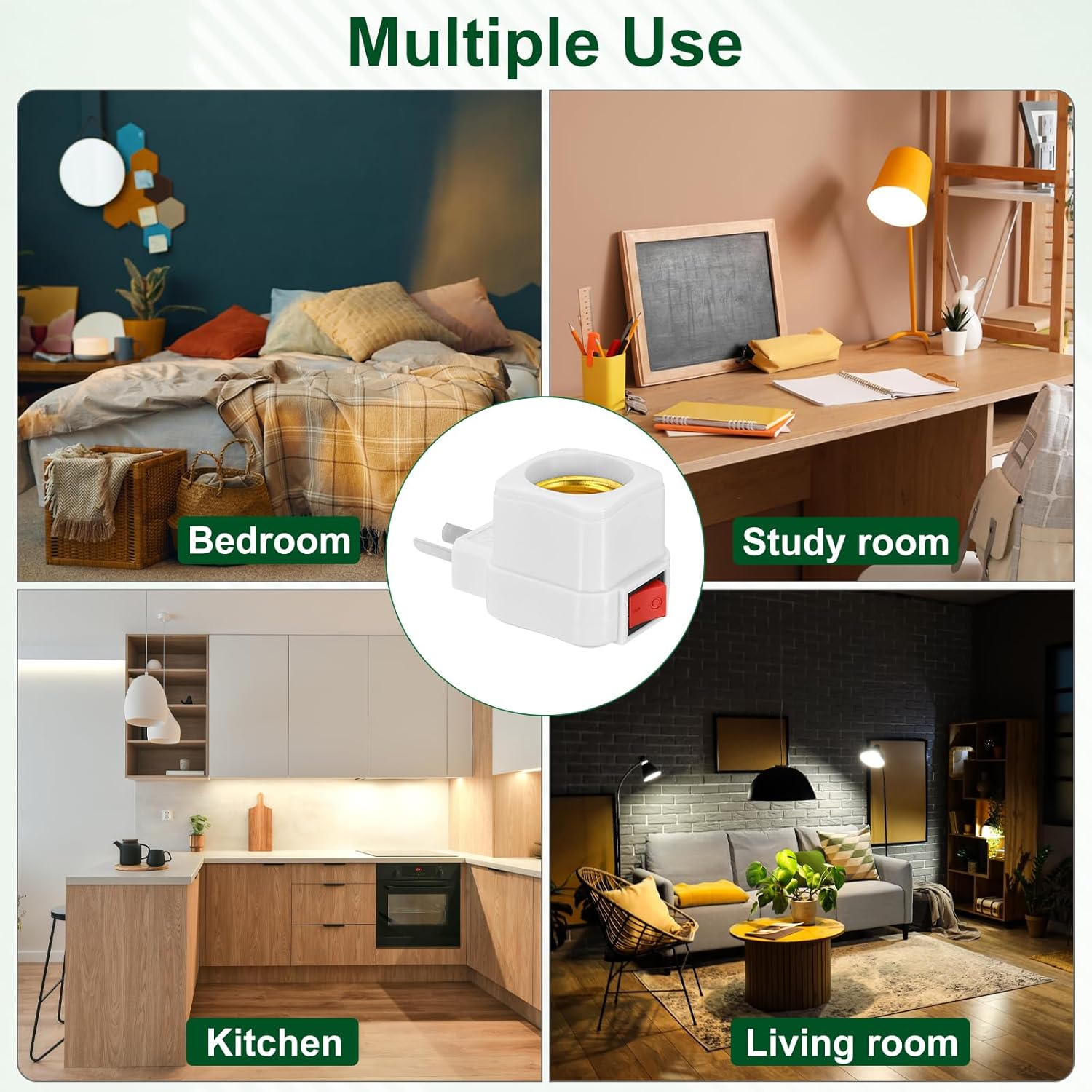 Light Socket Plug Adapter 120V 50W 4 Pcs White - E26 Socket Extension Adapter Convert Outlet to Light Bulb Sockets with Switch for Garage Hallway Basement