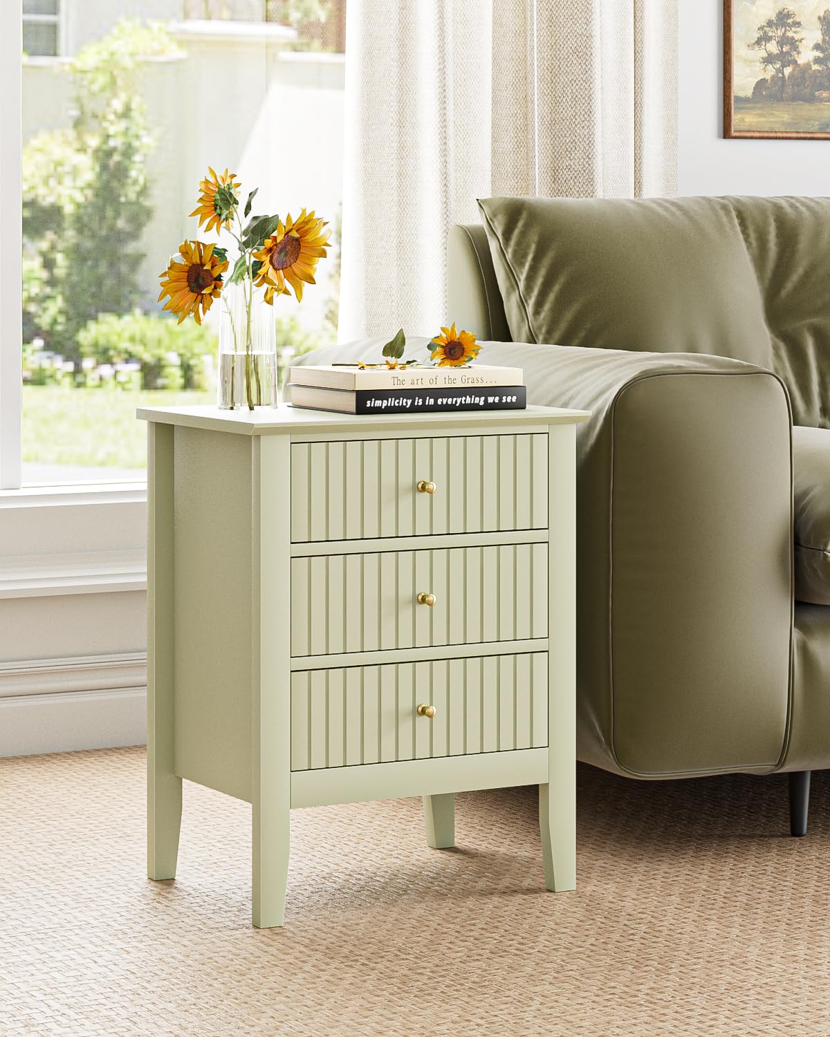 HEYZOEY Comodino con 3 cassetti, comodino, cassettiera, tavolino per camera da letto e soggiorno (verde pistacchio, 45 x 33 x 61 h)