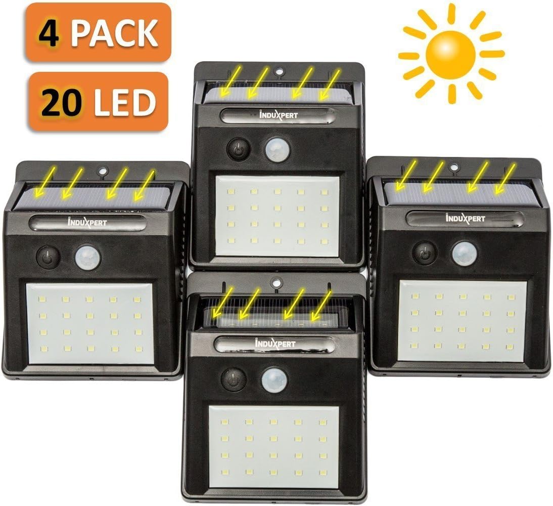 Induxpert Motion Solar Powered Sensor Light Outdoor | Wireless Security LED Lighting | Dim Light Night Mode | for Patio, Deck, Garden, Backyard, Garage, Driveway, Fence, Pathway, Front Door, Lawn