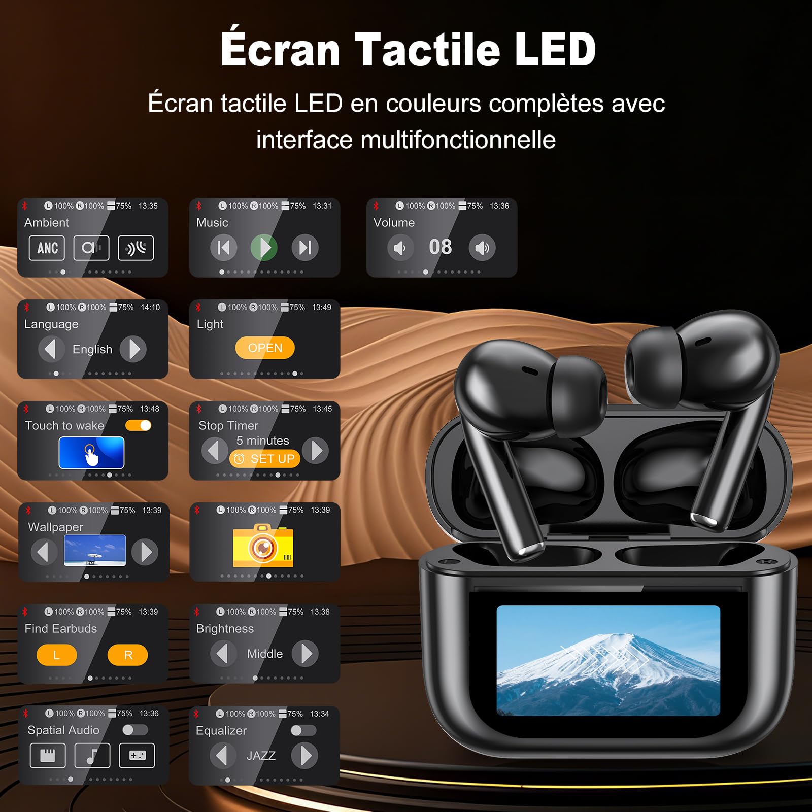 Écouteurs Bluetooth avec écran tactile, écouteurs intra-auriculaires sans fil, Bluetooth 5.4, avec annulation du bruit ANC+ENC, étanchéité IPX7, noir