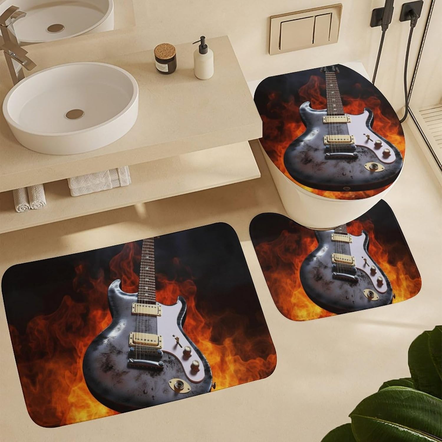 Anti-Skid Floor Mats 3 Piece Set,Rock Guitar Printed Coral Fleece Bathroom Mats U-Shaped Contour Mat Toilet Seat Cover for Bathroom, Tub, Shower, Kitchen 19.7"x31.5"