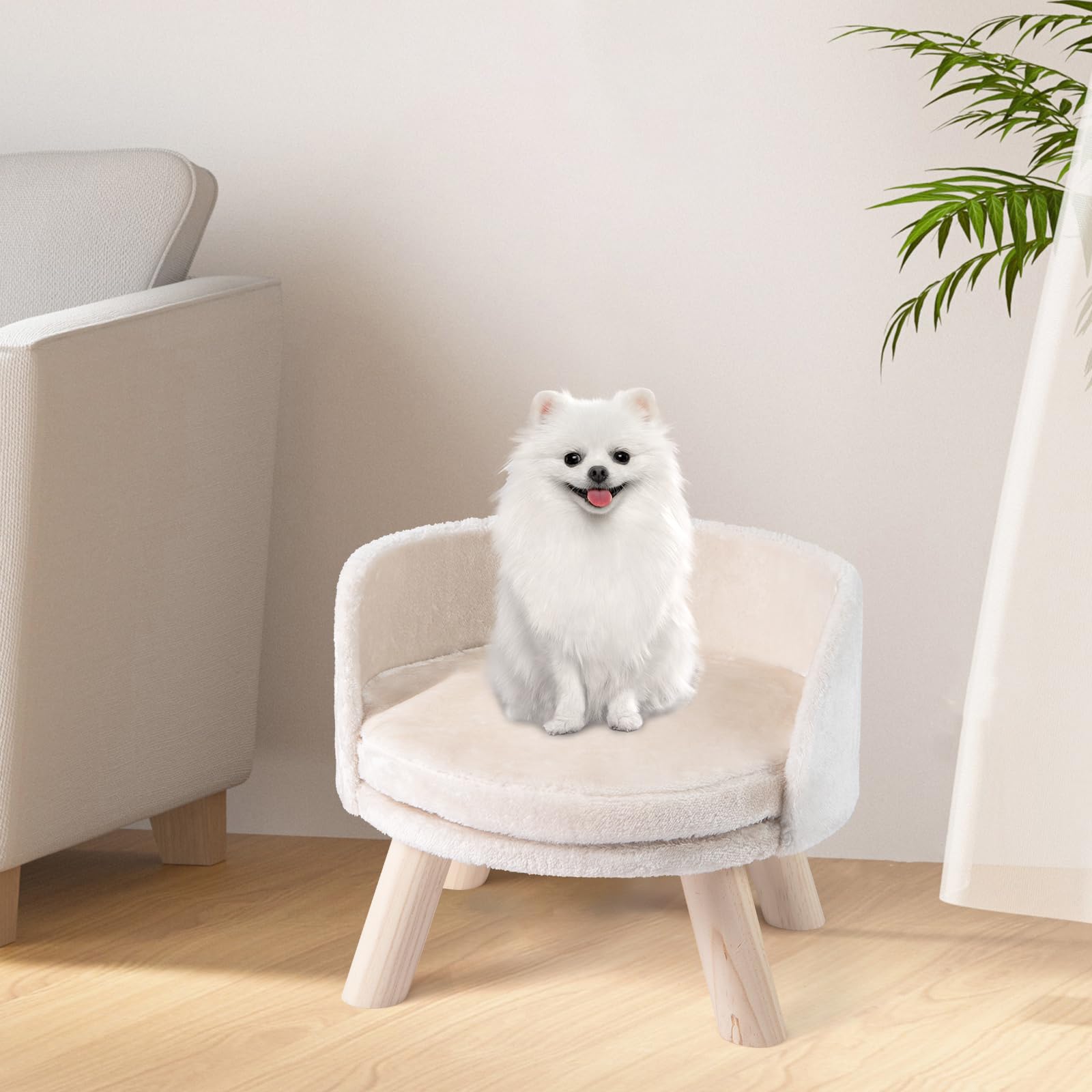 COSTWAY Canapé Lit pour Chien Chat Charge 30 kg, 4 Pieds en Bois de Pin, Coussin Amovible, Panier pour Chien Chat Petits, Dossier Haut, Installation Facile, 42 x 42 x 33 cm, Beige