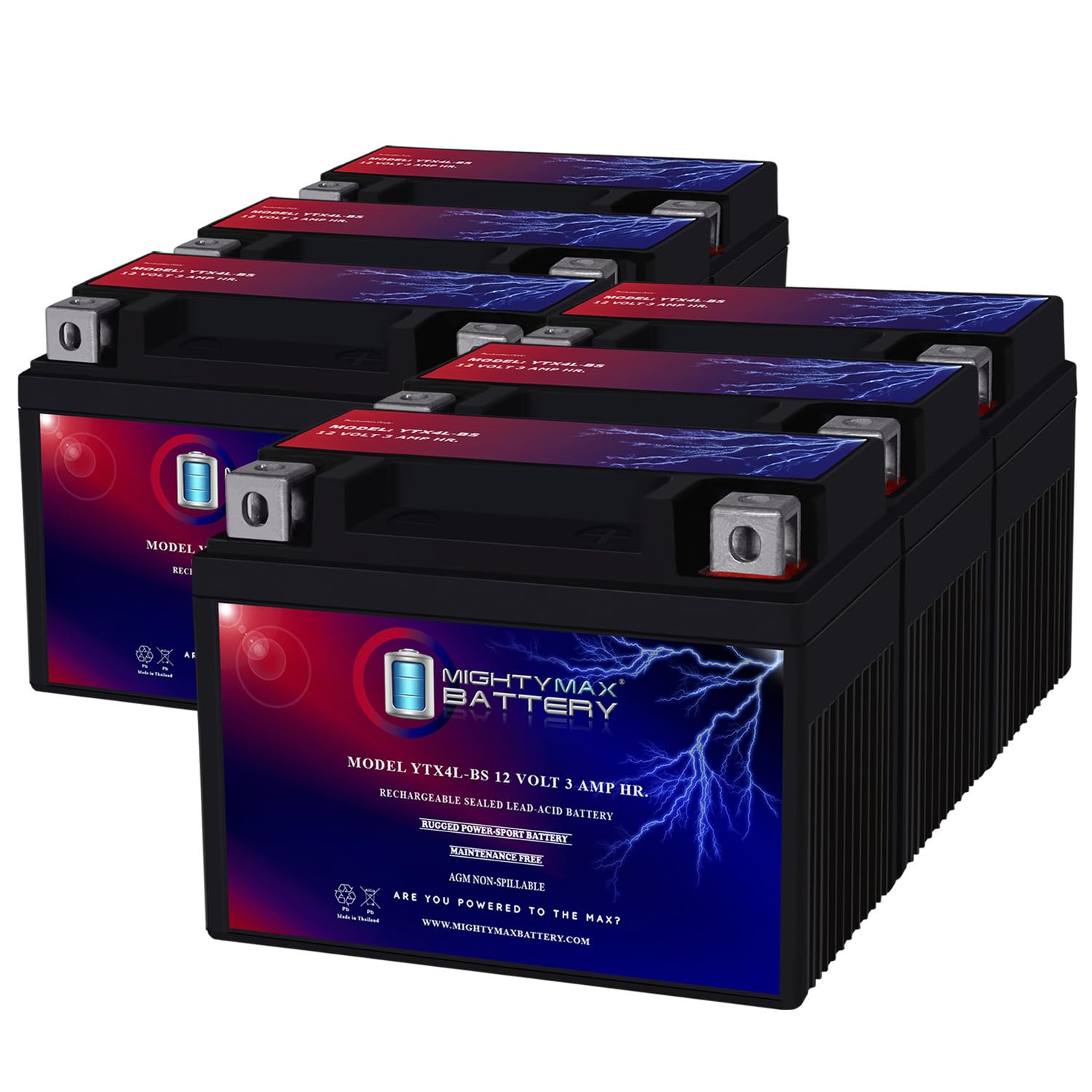 Mighty Max Battery YTX4L-BS 12 VOLT 3AH MOTORCYCLE BATTERY REPLACES YTX4L-BS - 6 PACK