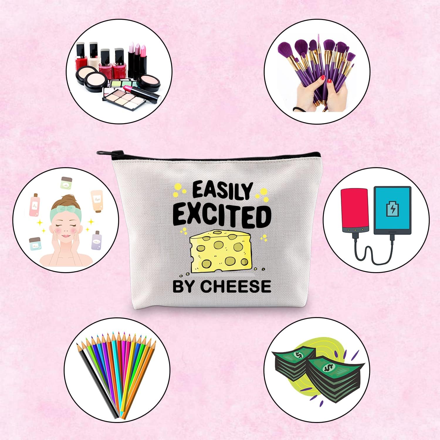TSOTMO Cheese Lover Gift Easily Excited By Cheese Cute Cheese Themed Zipper Pouch Makeup Bag (EXCITED BY CHEESE) - Image 4