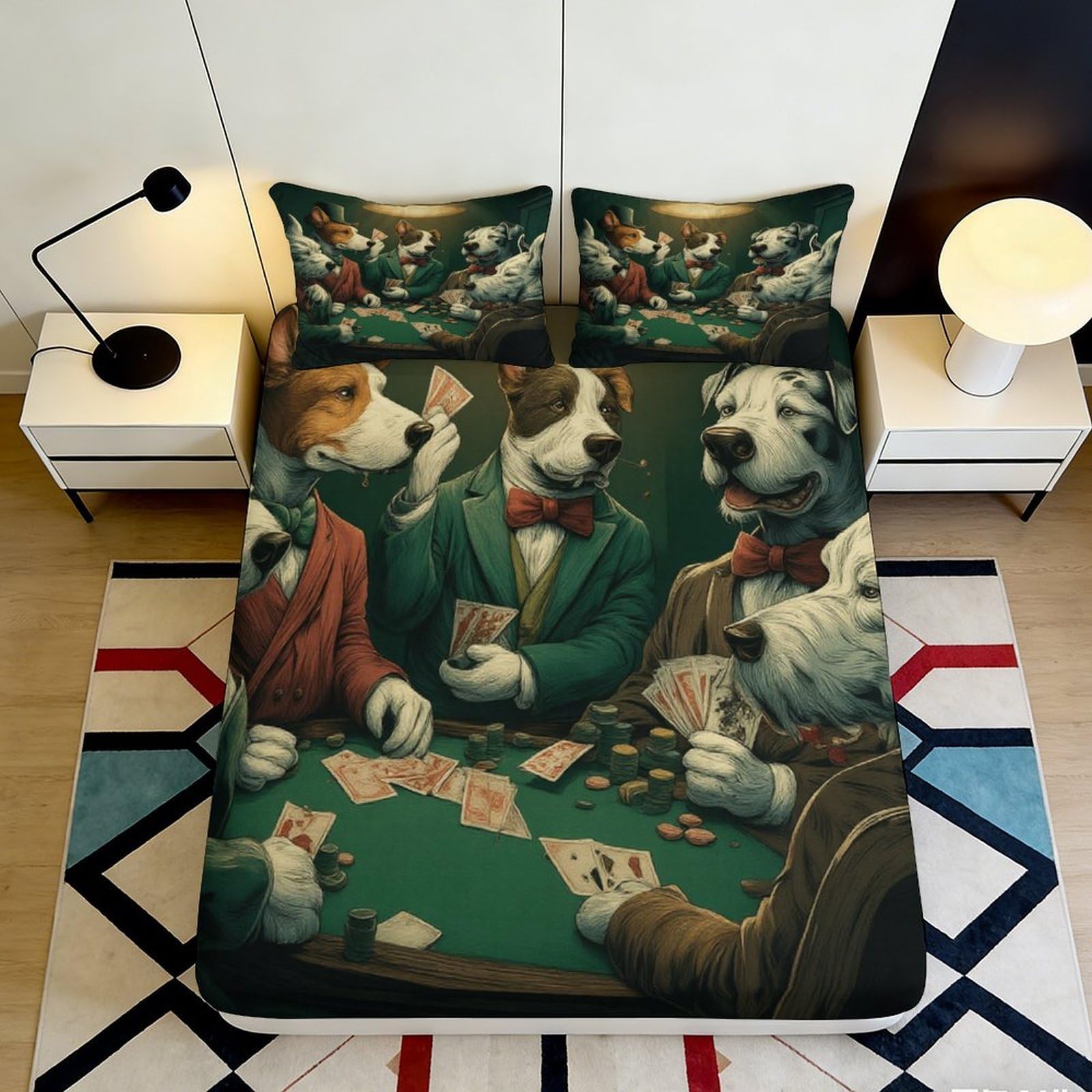 3D Printed Dogs Playing Poker Fitted Sheet Microfiber Soft Decor Bed Cover for Adult Bedroom Guest Room 90x200x25cm