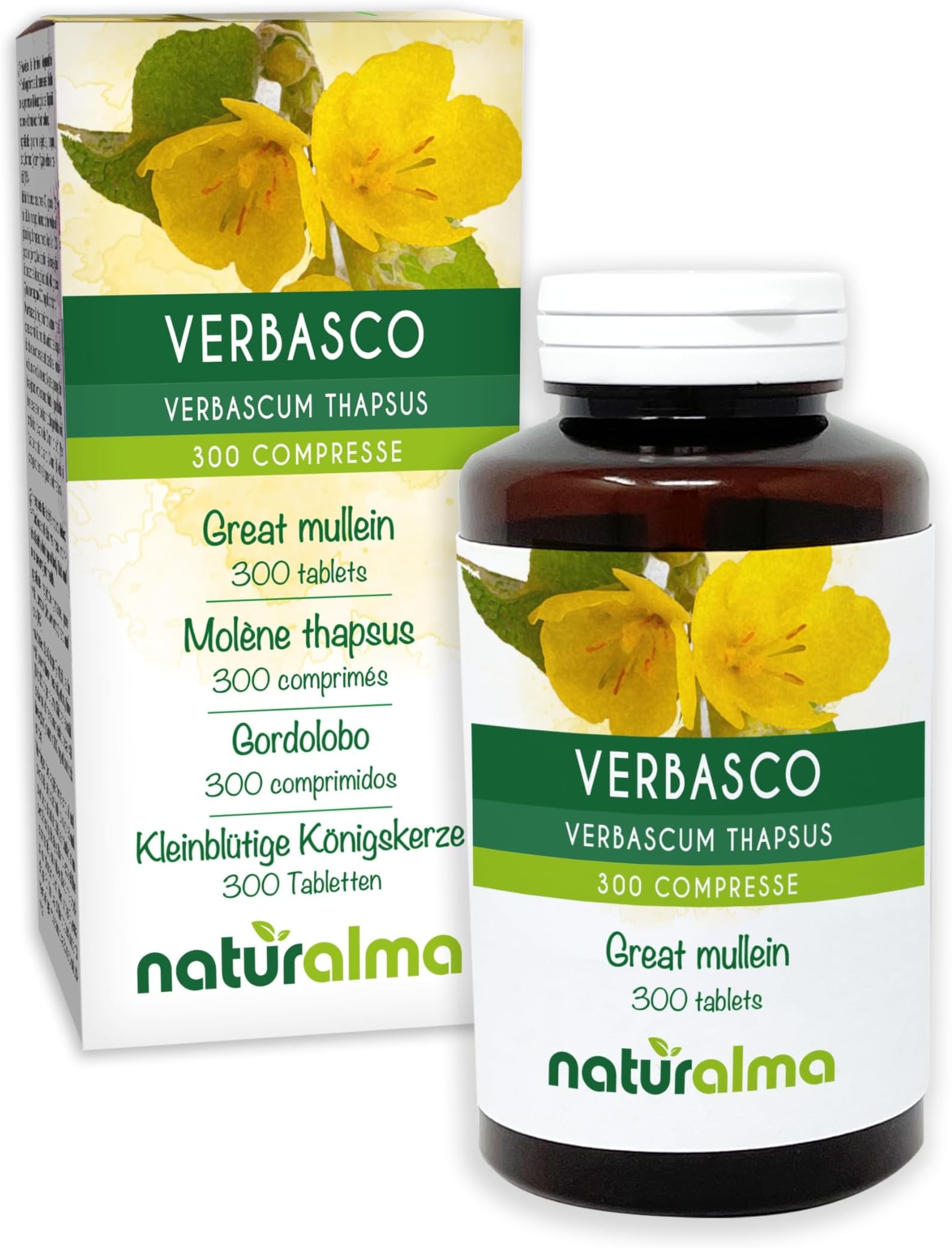 Great Mullein or Common Mullein (Verbascum thapsus) Flowers and Leaves Naturalma - 150 g - 300 Tablets - Food Supplement - Natural and Vegan