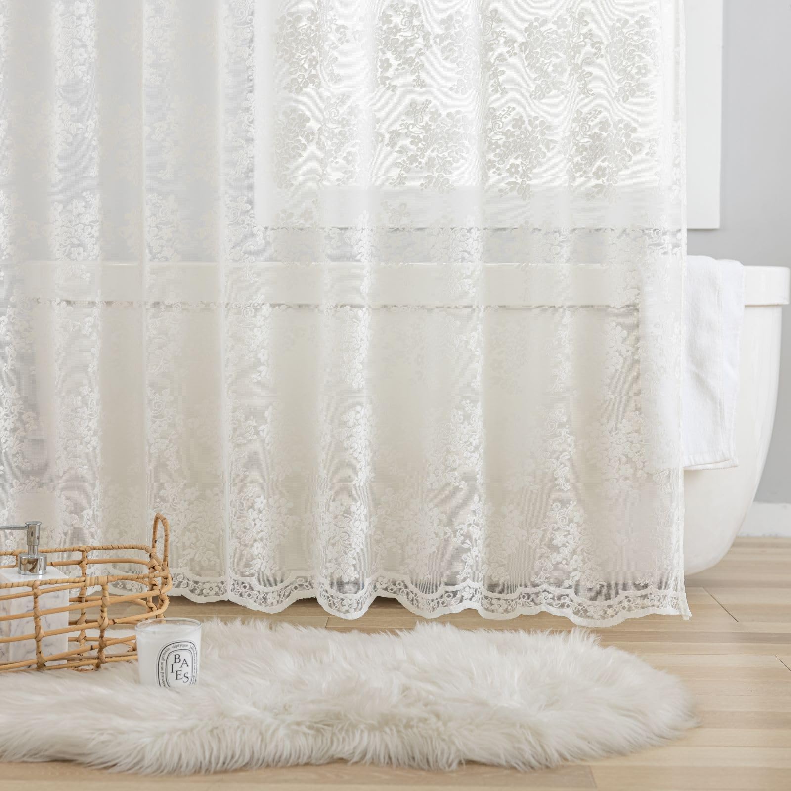 TUDECO Spitzen-Duschvorhang mit angenähtem Volant, rustikales Blumenmuster, durchscheinende Duschvorhänge für Badezimmer, gewellter Rand, verstärkte Löcher, elfenbeinfarbenes Badezimmer-Dekor, 183 x