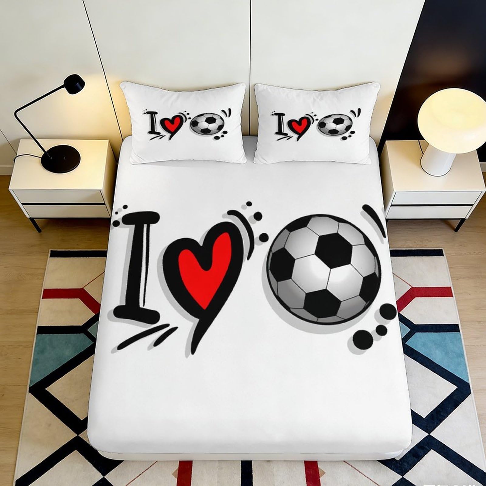 3D Printed Soccer Heart Fitted Sheet Microfiber Anti-Slip Design for Bedroom Dorm Mattress Cover Easy Care Decor 180x200x25cm