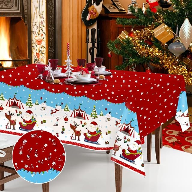 Christmas Table Cloth Wipe Clean, Red PVC Plastic Christmas Tablecloth Rectangular Party Table Cover Disposable Dining Tablecloths and Runners 120 x 180 cm Long for Xmas Dinner Table Decorations
