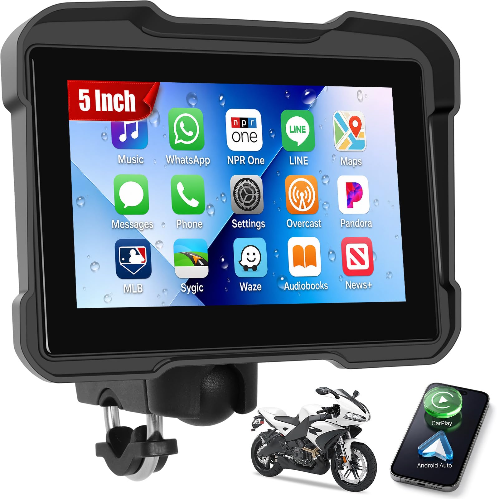5 Inch IPS Waterproof Portable Motorcycle CarPlay Screen with Wireless CarPlay&Android Auto,GPS Navigation,Bluetooth,EQ,TF Port,Voice Control,IP67 Waterproof