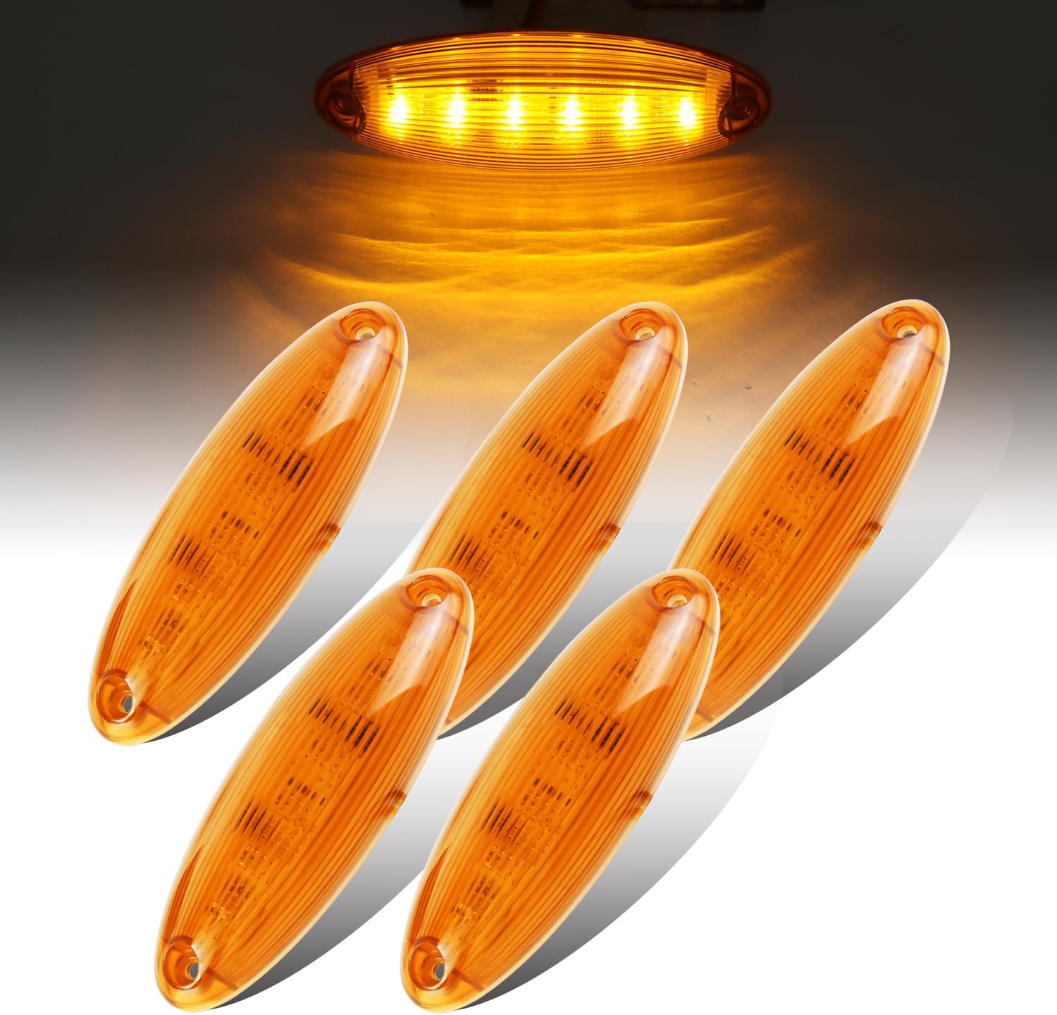 Amber LED Cab Marker Top Lights for 2008 2009 2010 2011 2012 2013 2014 2015 2016 2017 2018 2019 Freightliner Cascadia Heavy Duty Truck, Trailer 12V DC (5 Pcs)