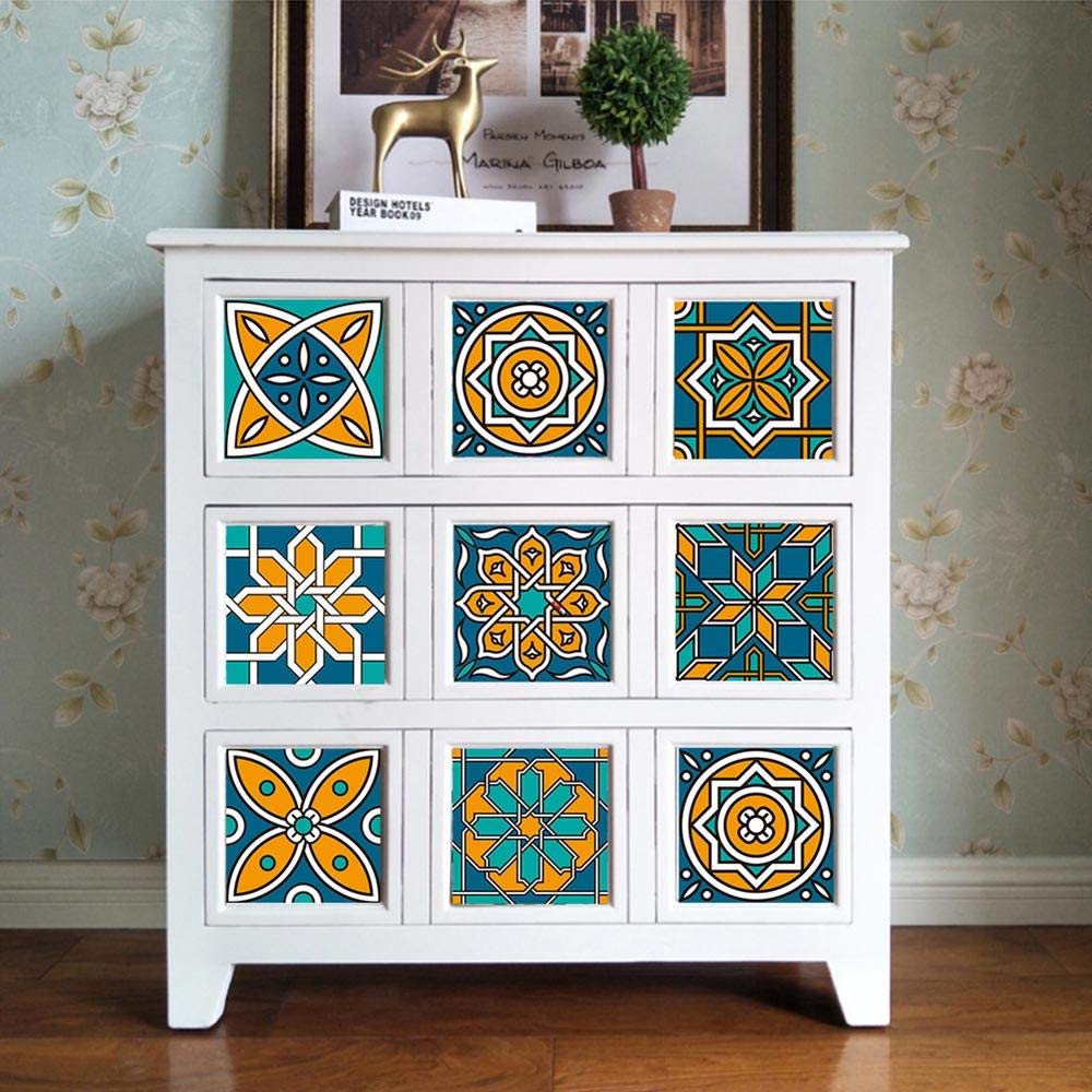 LMYSXAOZ Tile Stickers Orange Teal Mandala Stick on Tiles PVC for Kitchen Heat Resistant Bathroom Waterproof Self Adhesive Walls Peel and Wallpaper 20x20cm