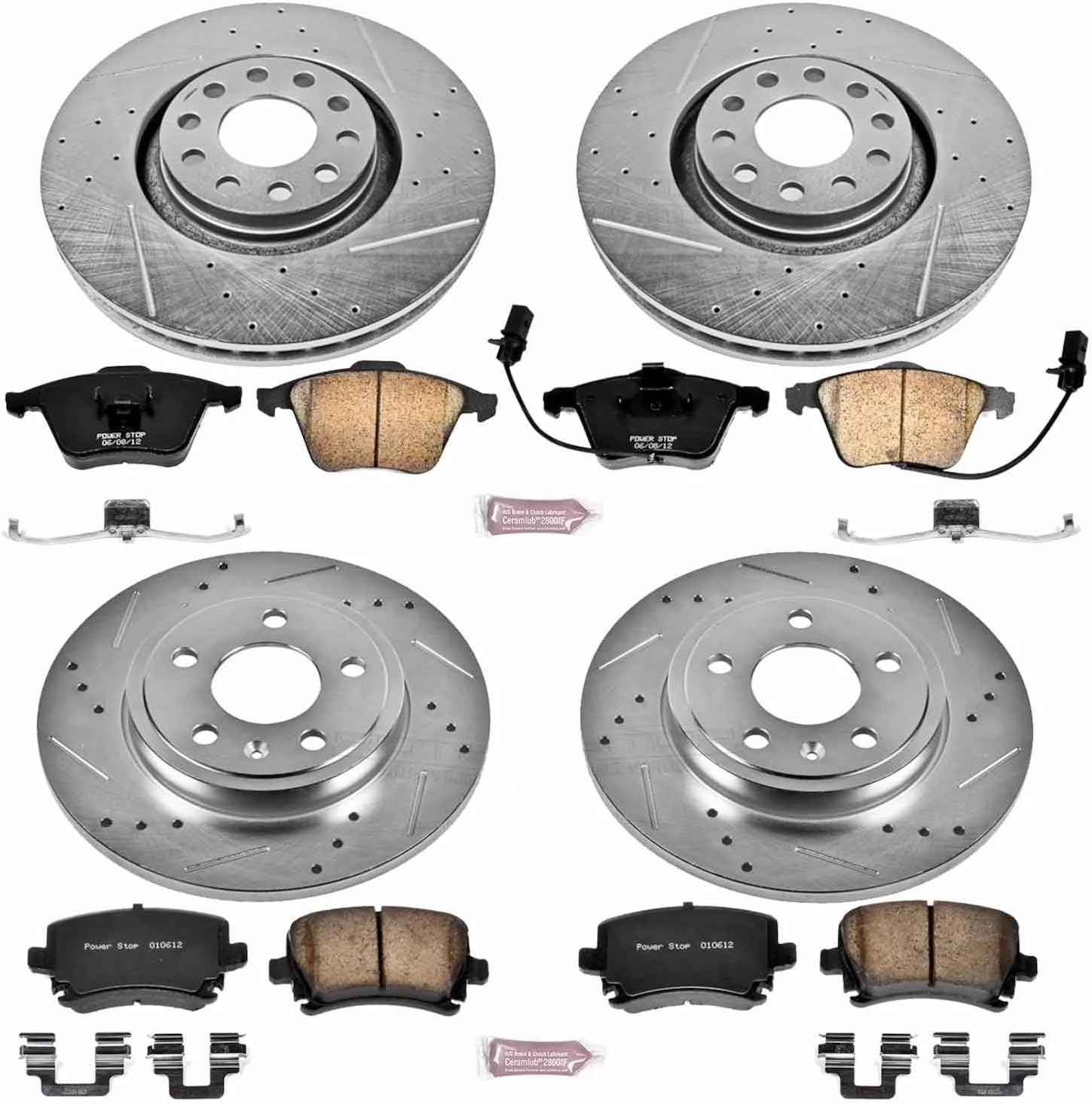 PowerStop Front and Rear Brake Kit for Audi A4 2005-09 | Audi A4 Quattro 2005-09 - Drilled and Slotted Disc Rotors with Carbon-Fiber Ceramic Brake Pads Replacement, K4065
