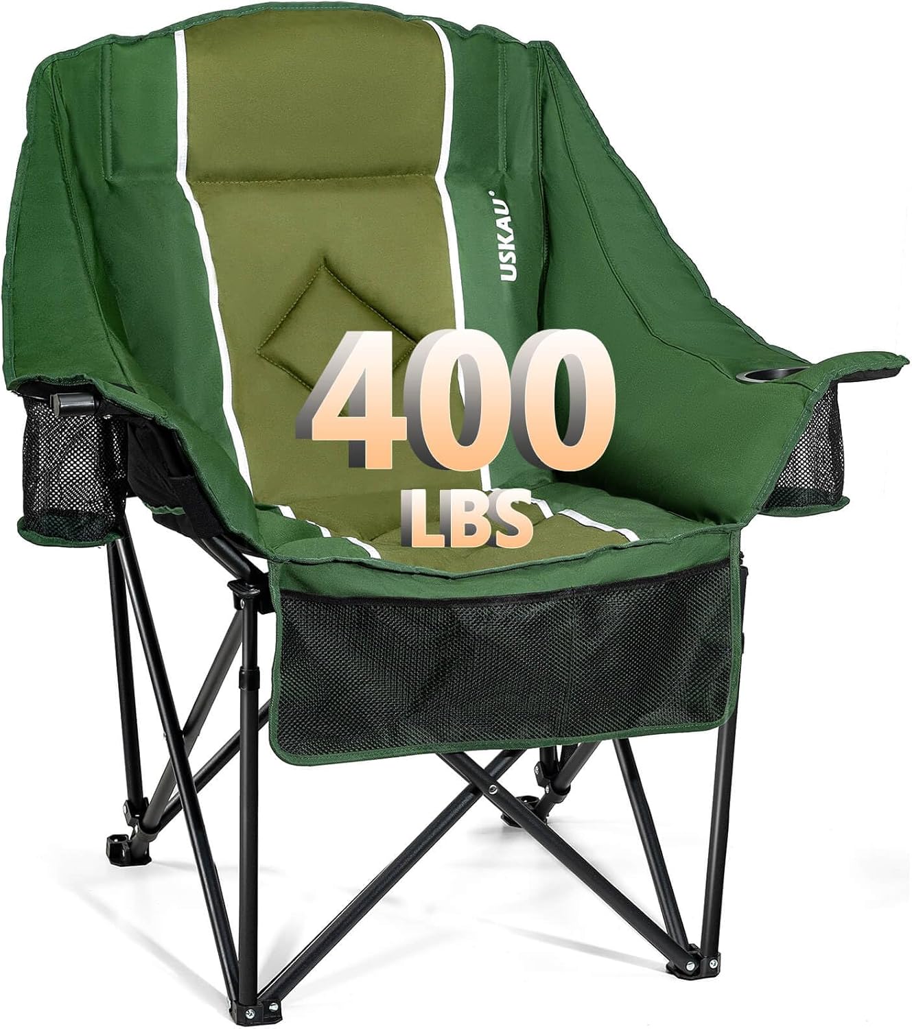 Oversized Camping Chair for Large Adults Heavy Duty 400 lbs Capacity, Comfortable Padded Folding Lawn Chair with Back & Headrest Support and Cup Holder, Portable Outdoor Chair with Carry Bag Green Single