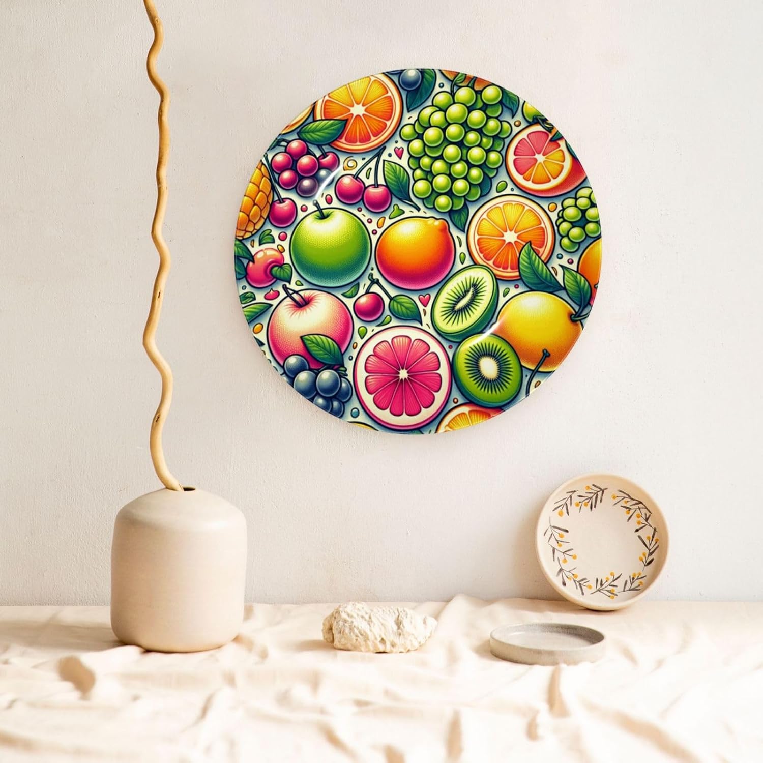 Lemons-Cherries-Grapes-Fruit 10 Inch Decorative Plate With Stand, Elegant Display Wall Plate For Home Decor