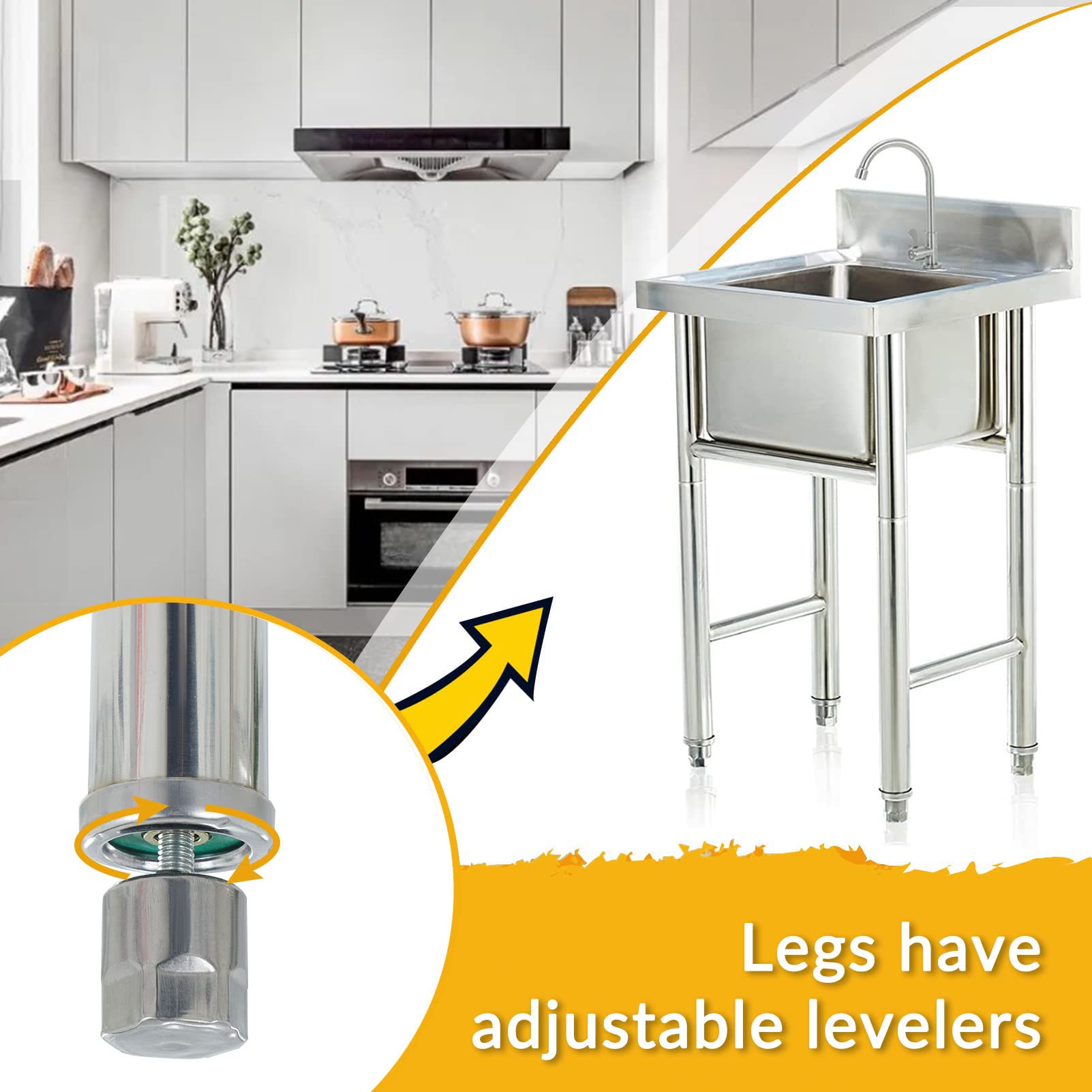Gewerbe-Spülbecken mit einem Becken aus Edelstahl 304, inklusive Abtropfset, für Bars, Restaurants und mehr.