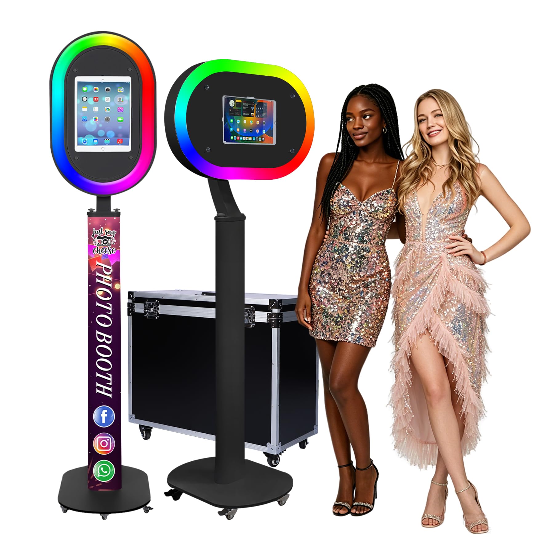 Portable Photo Booth for iPad 10.2" 10.5" 10.9" 11" 12.9" 13",Metal Shell Selfie Station photobooth Machine,RGB Ring Light,Custom Logo,for Parties Wedding Rental (Pure Black with Flight Case)