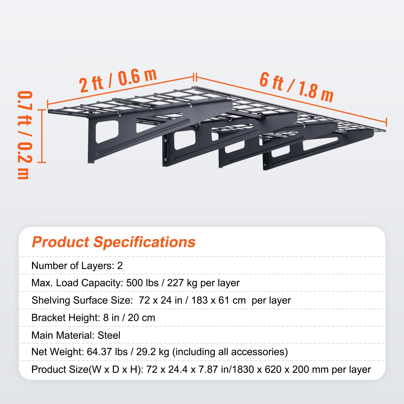 VEVOR 2 sztuki, 1,8 x 0,6 m wytrzymały montowany na ścianie, nośność 453 kg (całkowita) półki pływające, odpowiednie do sklepu, szopy, garażu, czarny, 183 x 62 x 20 cm