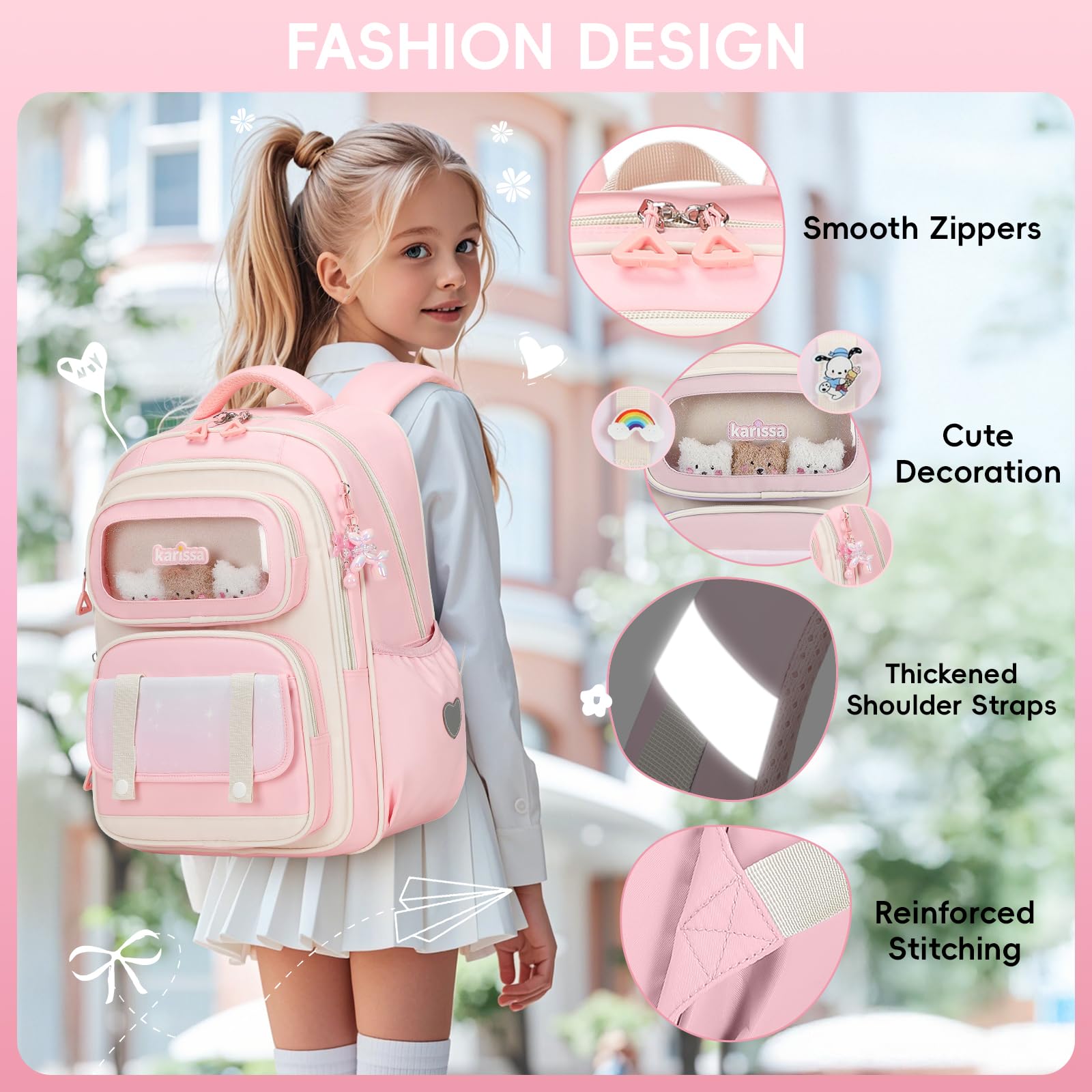 Tanou Cartable Primaire pour Filles, Sac à Dos Ergonomique pour Enfants du CP au CM2, Sac d'école Fille Primaire Décontracté avec Pendentif, 20 Litres, Rose
