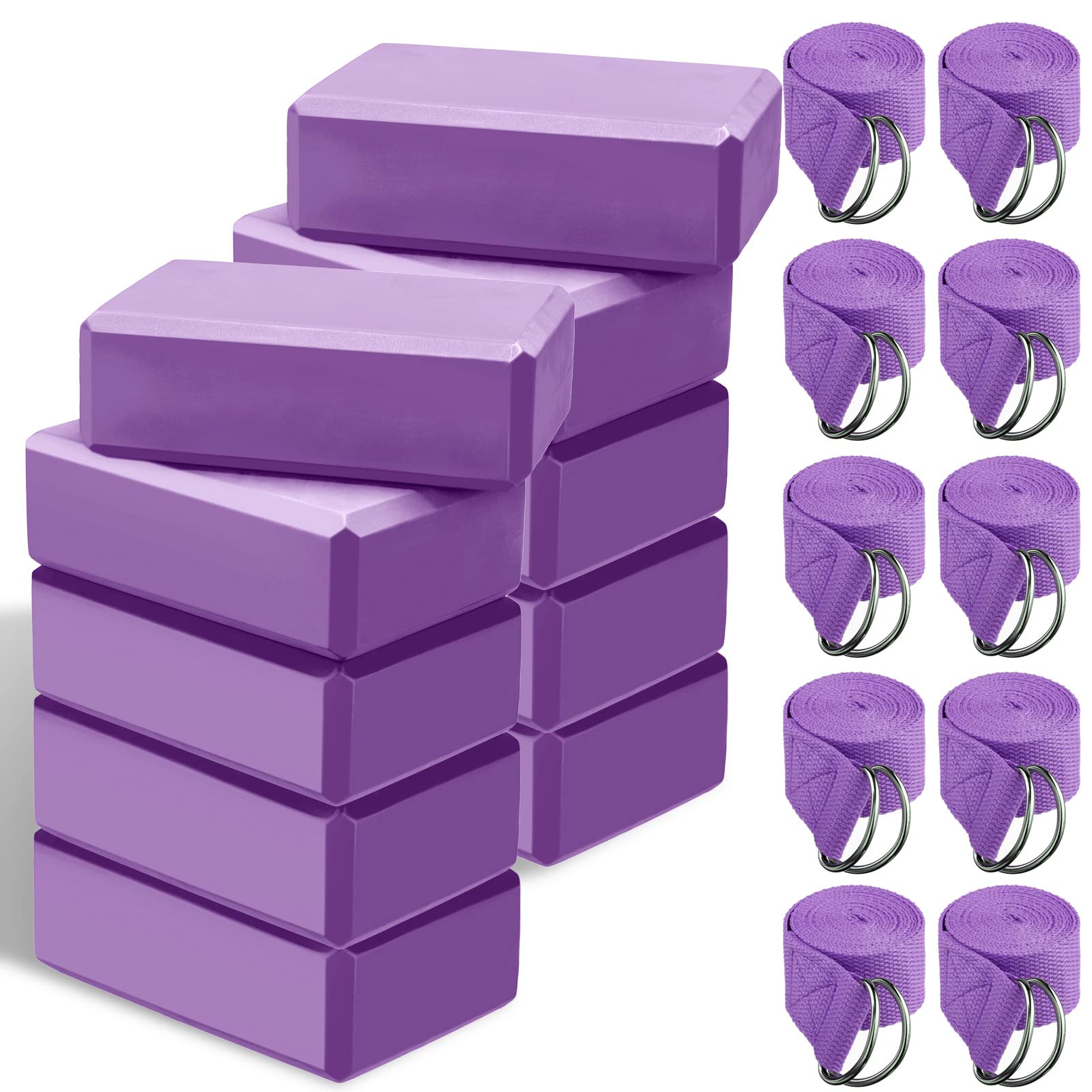 Outus - Set di 20 blocchi per yoga e cinghie da yoga, 10 blocchi antiscivolo per yoga con 10 anelli a D in metallo, cinghie per stretching, esercizi, fitness, accessori per yoga, blocchi in schiuma