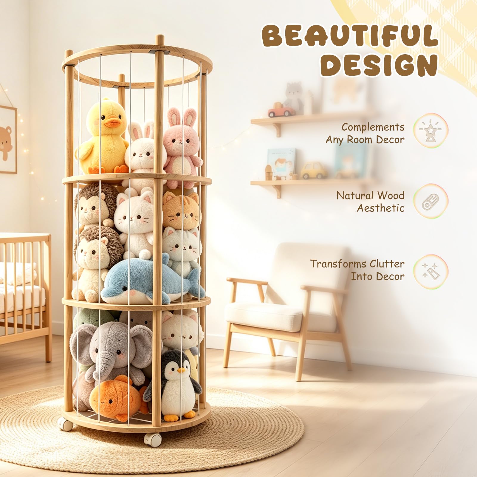 Rangement Peluches En Bois,Range Peluches Avec Roues Équipées De Freins 360° Grande Capacité 137 X 51 X 51 Cm,Rangement Doudou Pour Chambres D'Enfants,Salles De Jeux,Salons