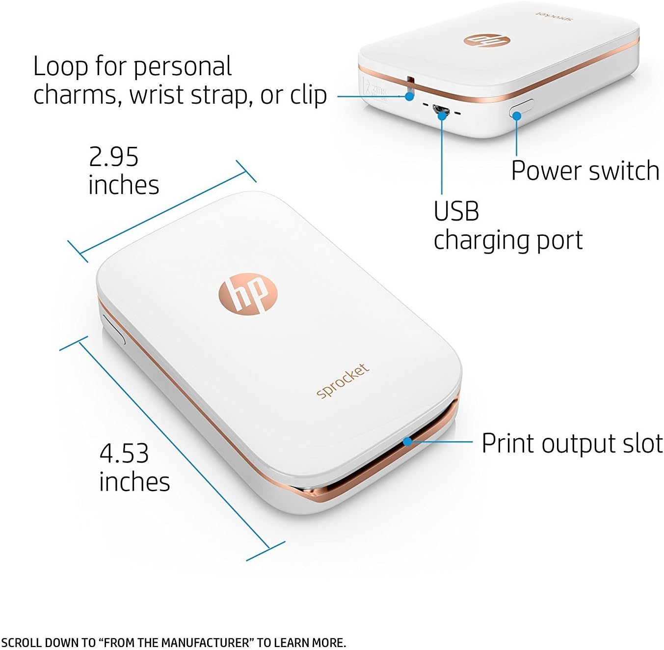 Diagram of HP Sprocket printer showing dimensions and port locations.