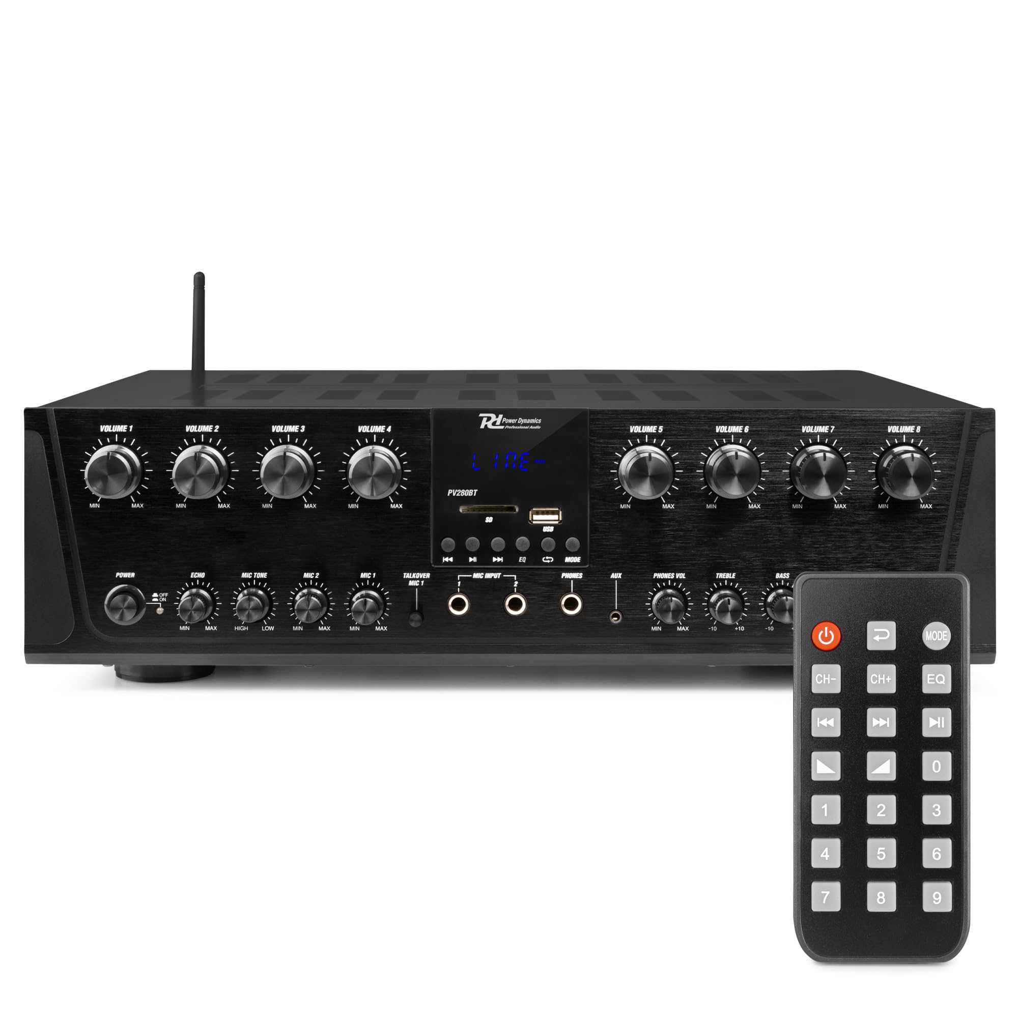 Power Dynamics PV280BT Amplificador de Audio multizona de 8 Zonas y 100 W, Amplificador multihabitación con Bluetooth, Reproductor MP3 USB/SD, Entrada óptica, Amplificador de Audio doméstico