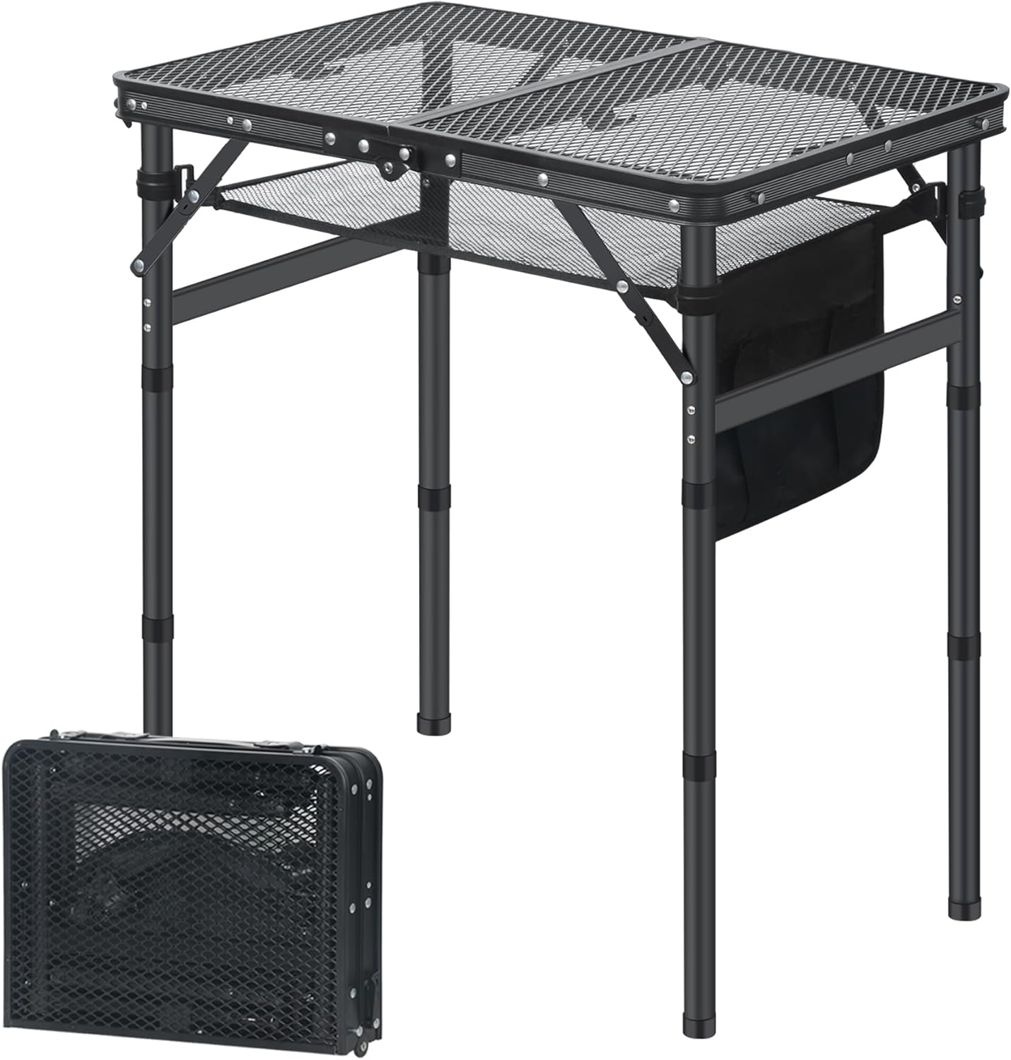 LOFTEY Small Folding Grill Table, Portable Picnic Table for Camping Outdoor Cooking BBQ, 3 Heights Adjustable Grill Stand with Mesh Bag, Easy for Storage, 23.6" L* 15.75" W * 27.7" H, Black