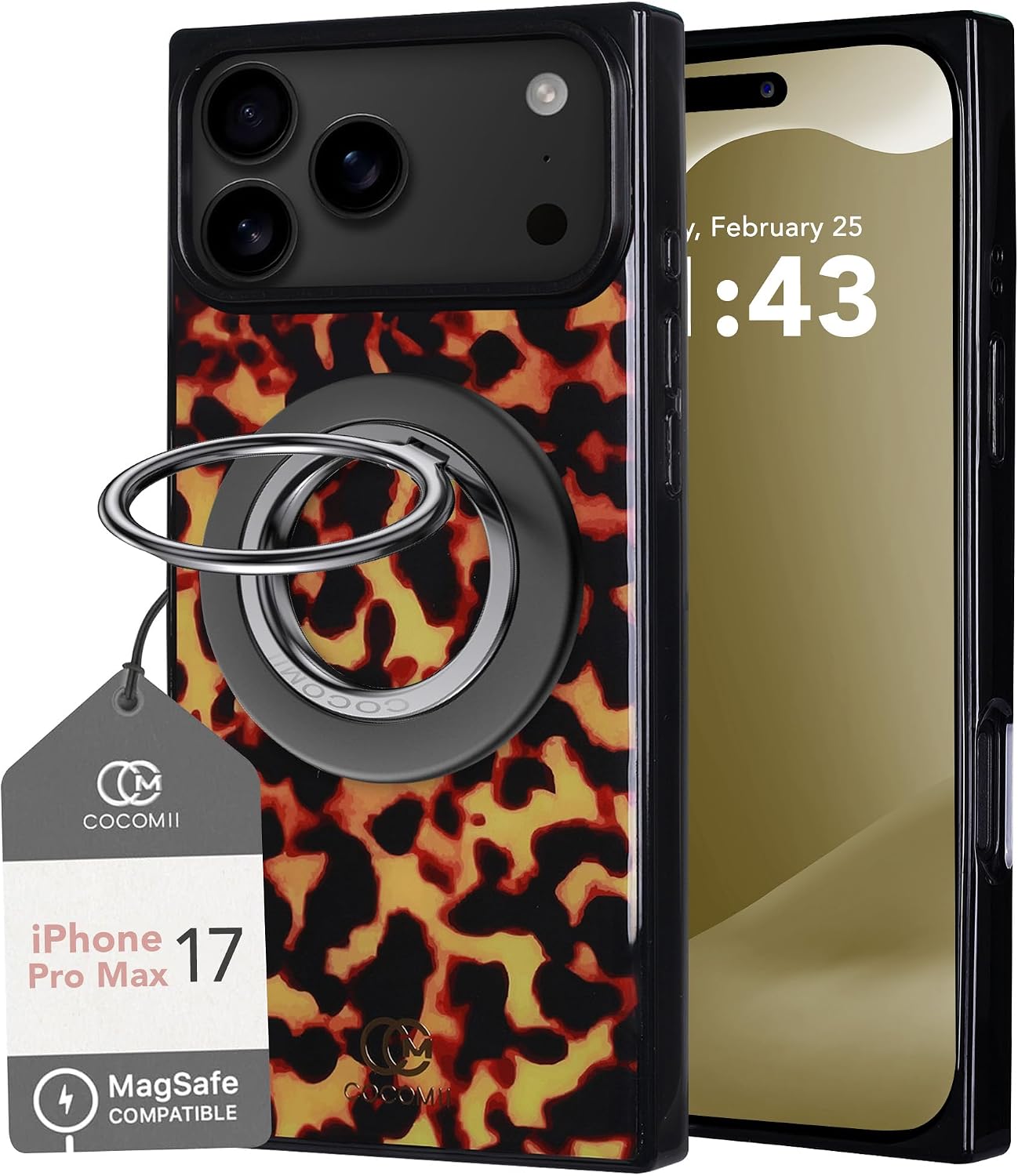 COCOMII Rectangle Case for iPhone 17 Pro Max, Classic Tortoise Shell, Elegant Animal Print, Black/Amber + 360° Rotation Black Magnetic Phone Ring Holder Bundle