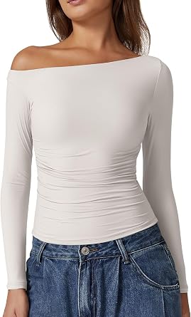 QINSEN Womens Sexy Off Shoulder Shirt Long Sleeve Double Lined Tops Side Ruched Fitted Tees