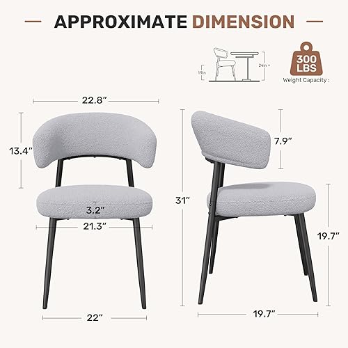 Miniatura 2 de Juego de 6 sillas de comedor, sillas de cocina modernas de mediados de siglo, silla de comedor tapizada Boucle con respaldo curvado y patas de metal