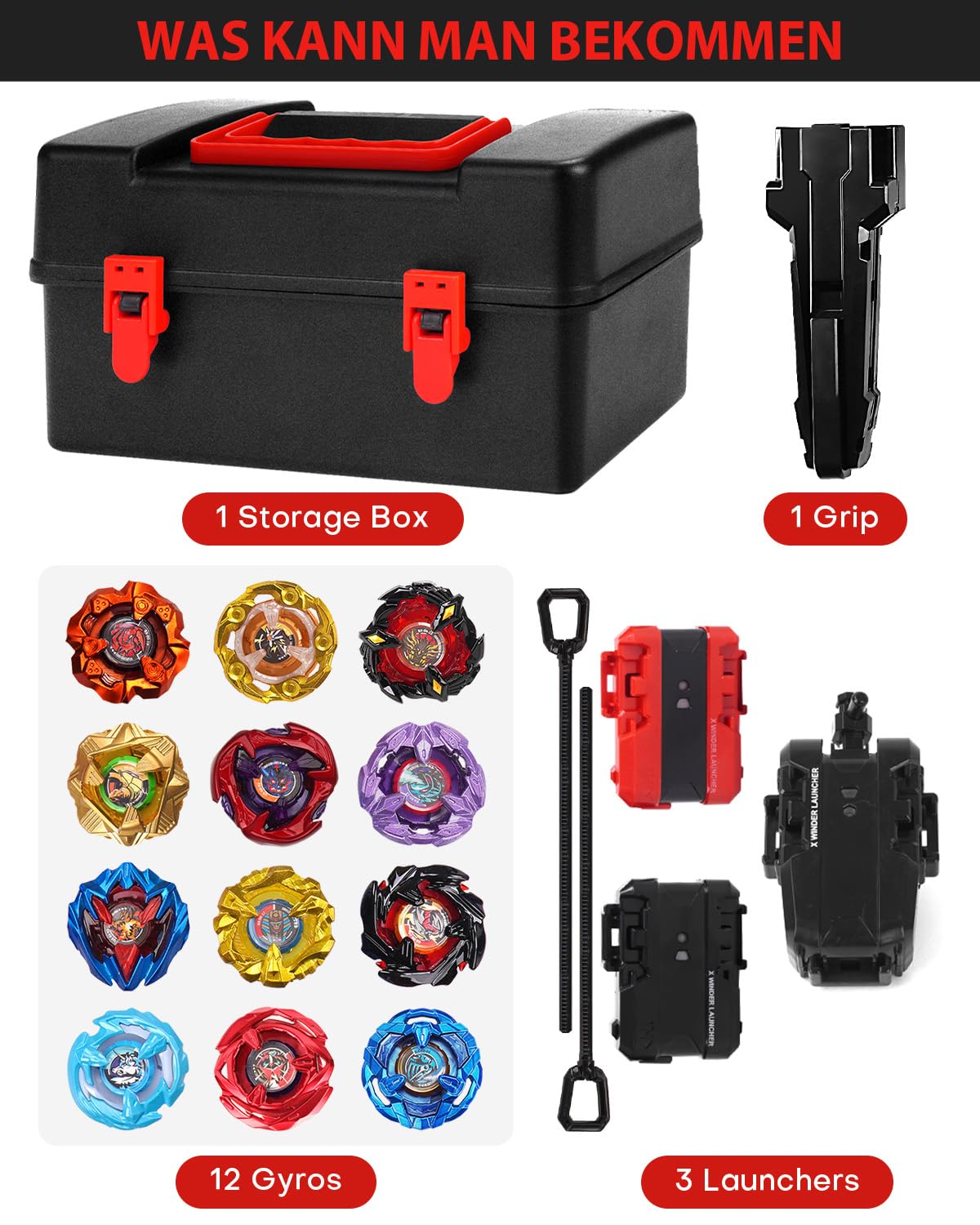 Kreisel X Set, 12 Kampfkreisel, 3 Launchers und 1 Griff, Kinderspielzeug Geburtstagsgeschenk mit Aufbewahrungs Box, Ideal für 6+ Jahre alte Jungen (X4-12PCS)