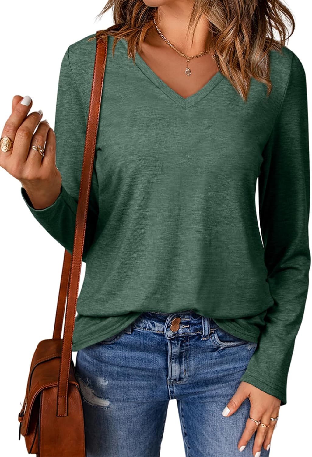 EVALESS Spring Summer Tops for Women Trendy V Neck Long Sleeve Shirts 2025 Basic T Shirts Loose Tee Clothes Casual Outfits