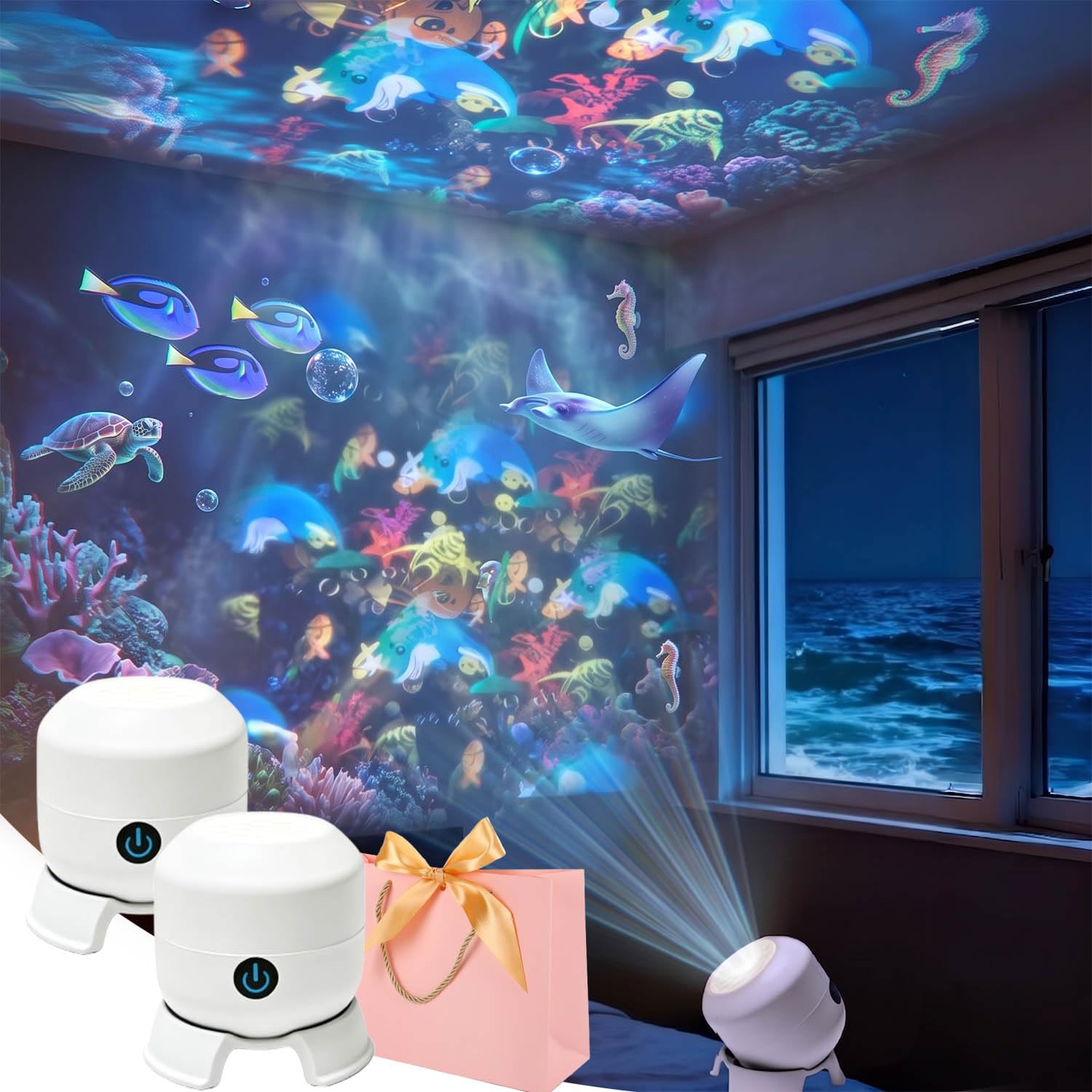 Dynamic Rotating LED Projector Light, 3-in-1 Ocean Snowflake & Starry Effect, Rechargeable Atmosphere Lamp with Adjustable Brightness & 360° Spin, Portable Mood Light for Bedroom, Party，2