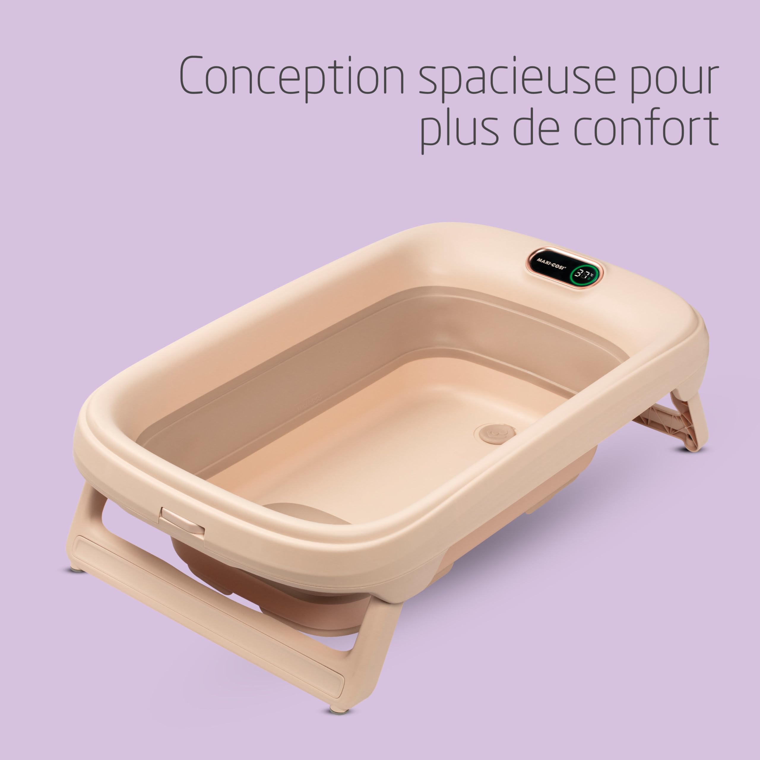 Maxi-Cosi Indigo Baignoire Pliable Bébé, 0-4 Ans, Baignoire Enfant Spacieuse, Thermomètre HighSense Intégré, Antidérapante, Crochet de Suspension Rétractable, Pliage à Plat, Muted Terra