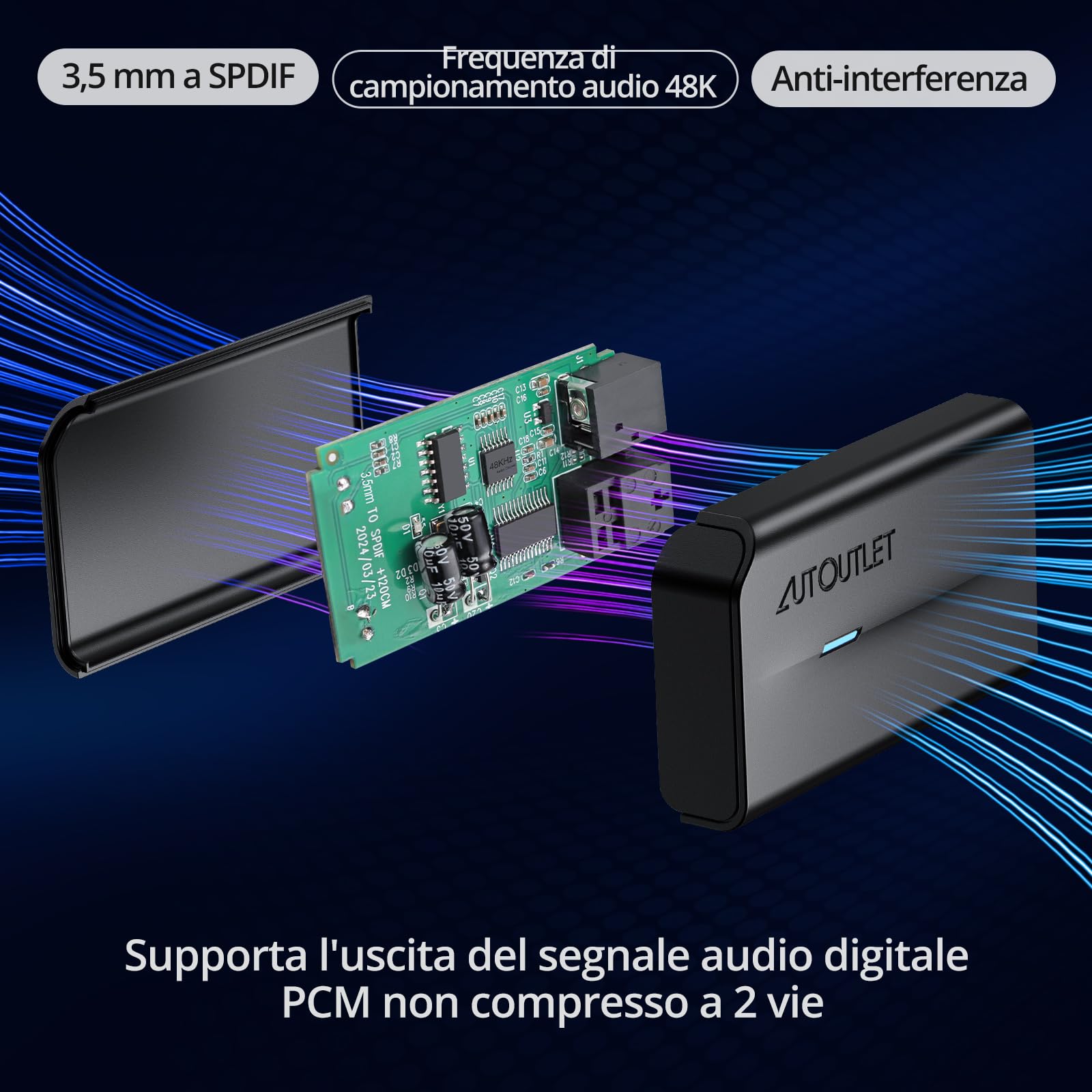 AUTOUTLET Convertitore Audio Analogico Digitale 3,5 mm a Toslink SPDIF con Cavo Audio 3,5 mm e Cavo Ottico 1m per TV Computer