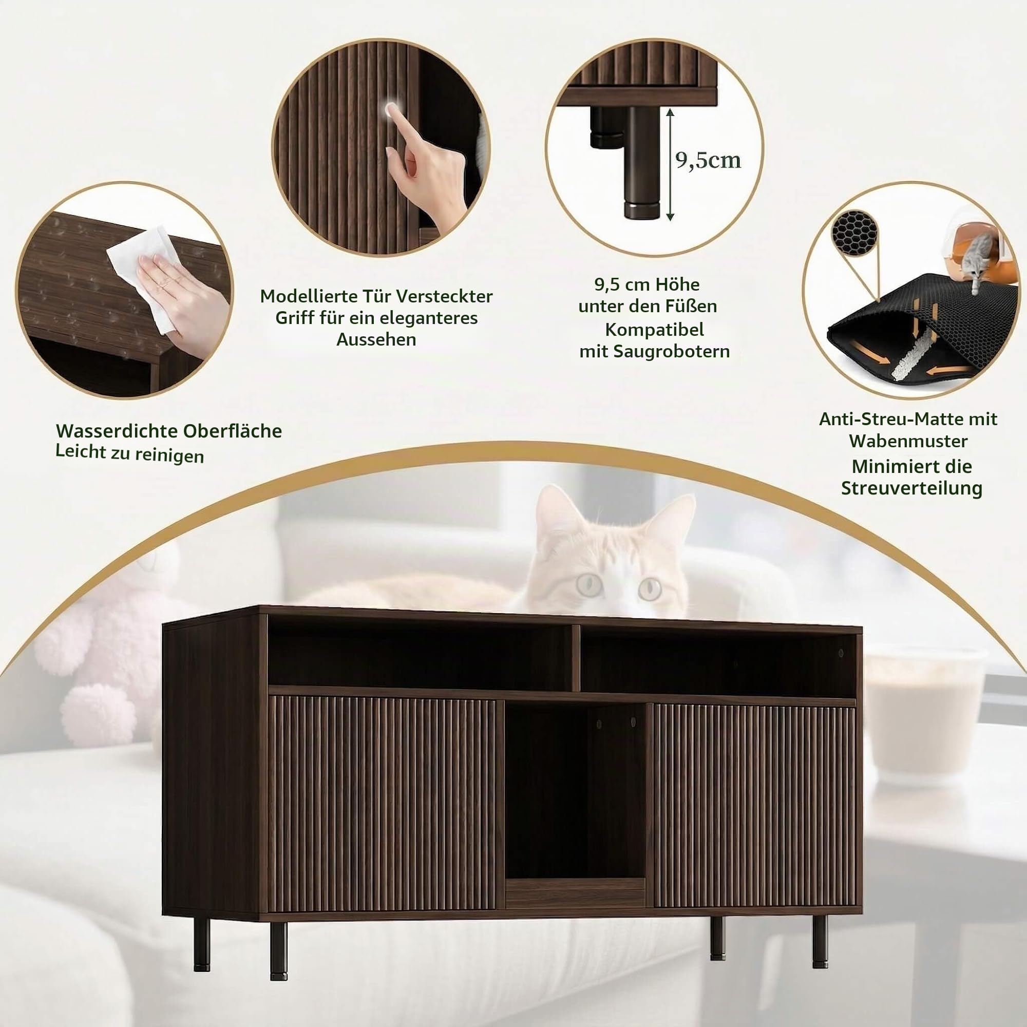Katzenklo Schrank für 2 Katzen mit Sandauffangmatte, XXL Sideboard für Katzentoilette Versteckt, Multifunktionales Katzenhaus Möbel, Einfache Montage, Walnuss