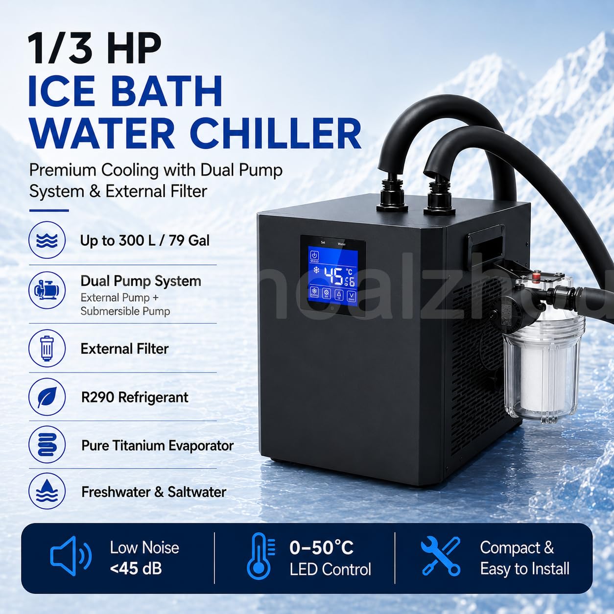 Ice Bath Water Chiller 1/3HP, Doppel-Pumpen Durchlaufkühler mit Submersible Pump, Externer PP-Filter, LED 0–50°C Kontrolle, Leise <45 dB, 300L Eisbad für Zuhause und Mini-Pools