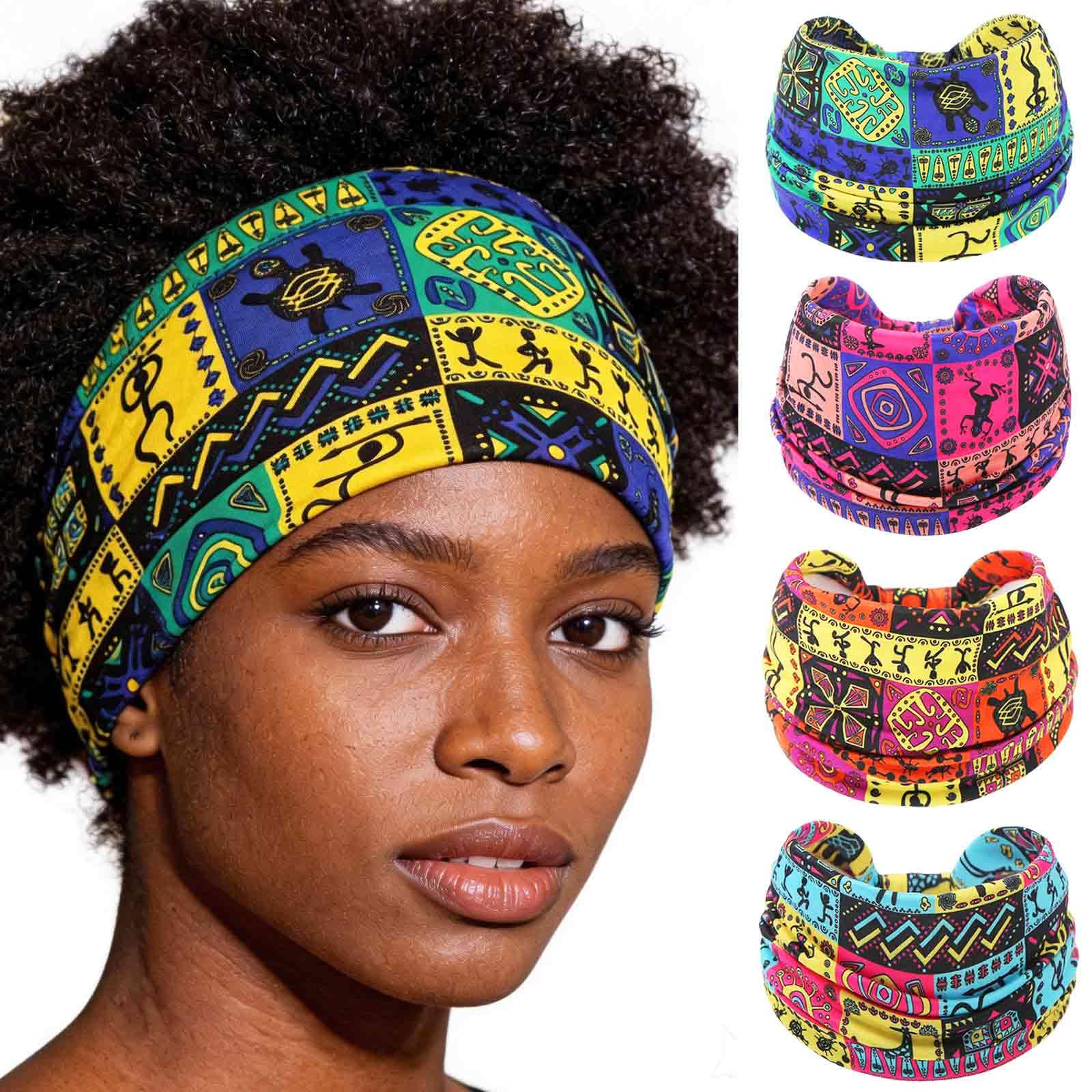 Olbye African Print Headbands Wide Stretch Headwrap Turban Knotted Non Slip Hairbands Yoga Running Athletic Head Bands Workout Boho Head Scarfs Hair
