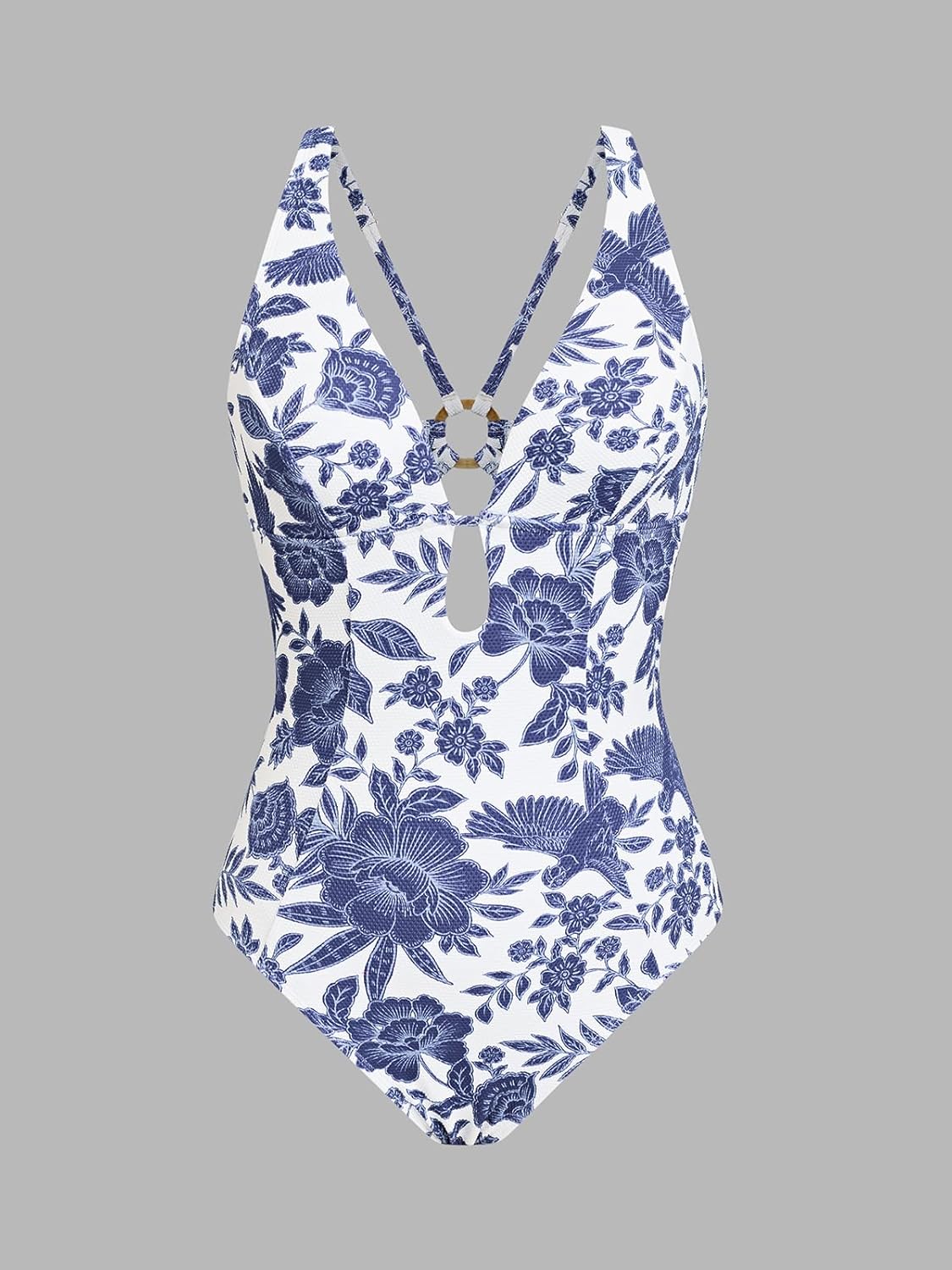 CUPSHE Women's One Piece Swimsuit Deep V Neck Keyhole Cutout O Ring Textured Bathing Suit