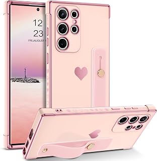 BENTOBEN Capa para Galaxy S22 Ultra, Capa protetora fina de luxo com design de coração banhado a amortecedor macio para mulheres homens e meninas com alça para Samsung Galaxy S22 Ultra 6,8 polegadas, rosa/dourado