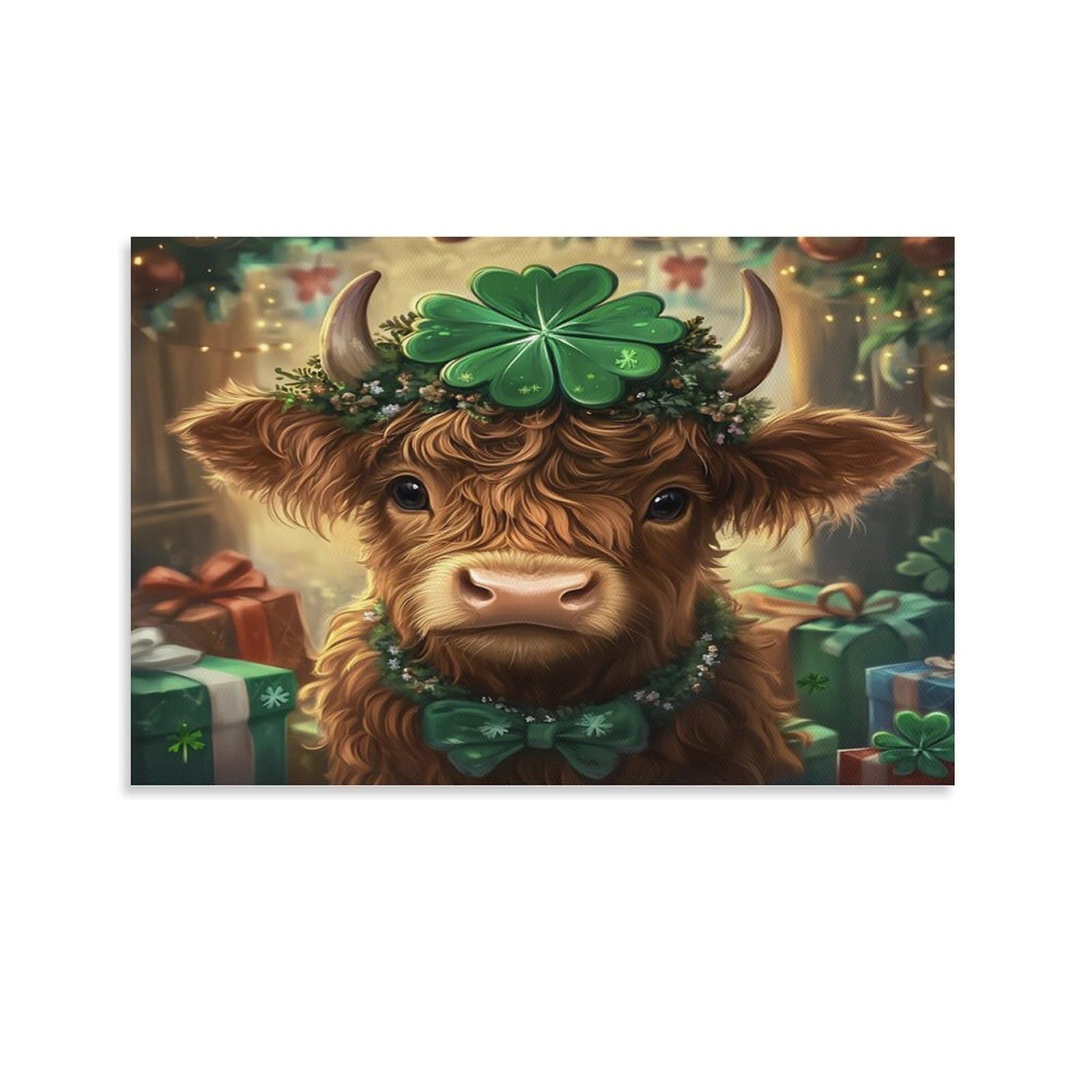 CPLVKWRQJ St. Patrick's Cow Single Piece Highland Cow Clover Wreath Gift Surround Canvas Art - Bedroom Birthday Gift Easy to Clean Canvas Painting Wall Decor 24x36inch(60x90cm)