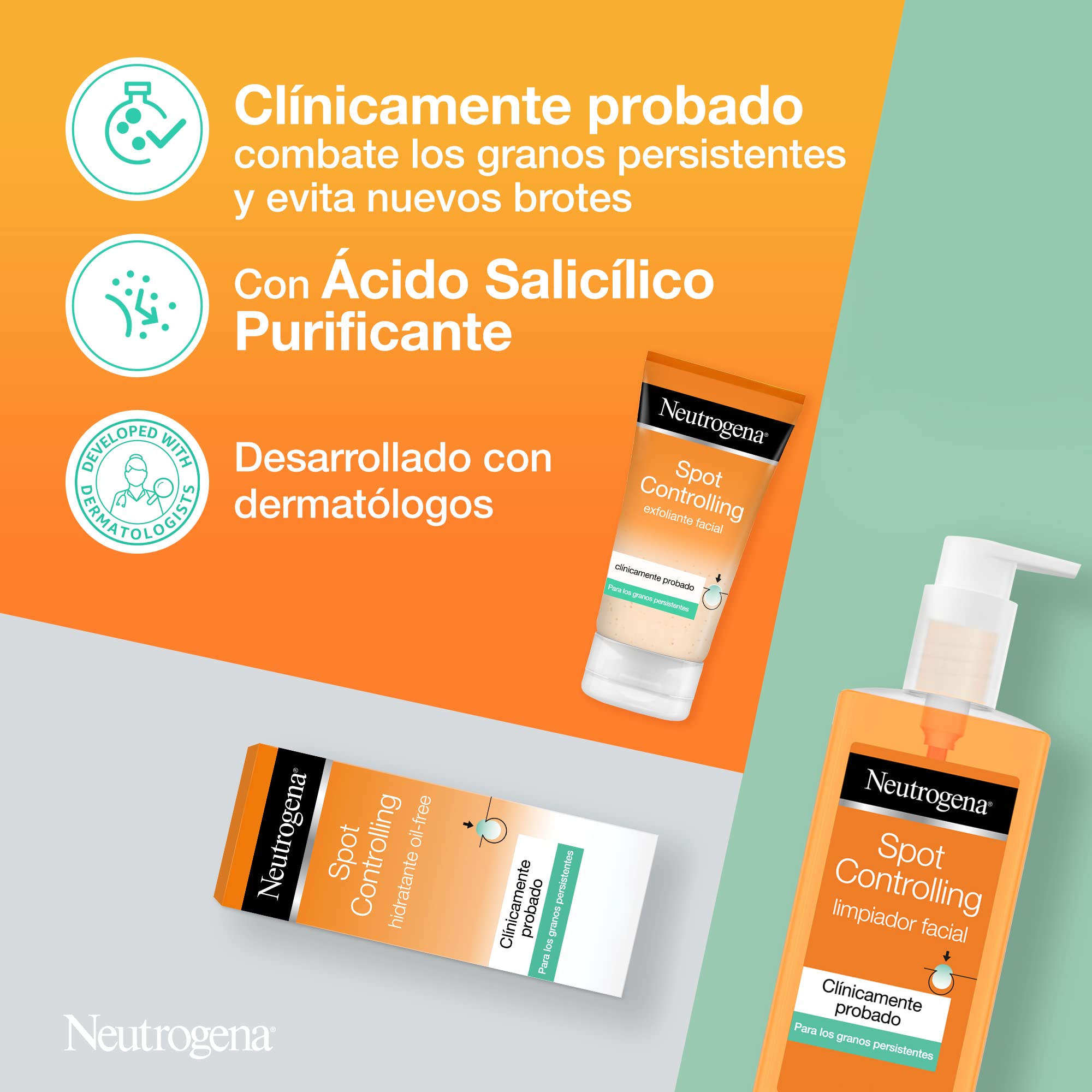 Neutrogena Visibly Clear Spot Controlling, rutina con ácido salicílico, contiene un gel limpiador facial (1x200 ml), un exfoliante facial (1x150 ml) y un hidratante facial (1x50 ml)